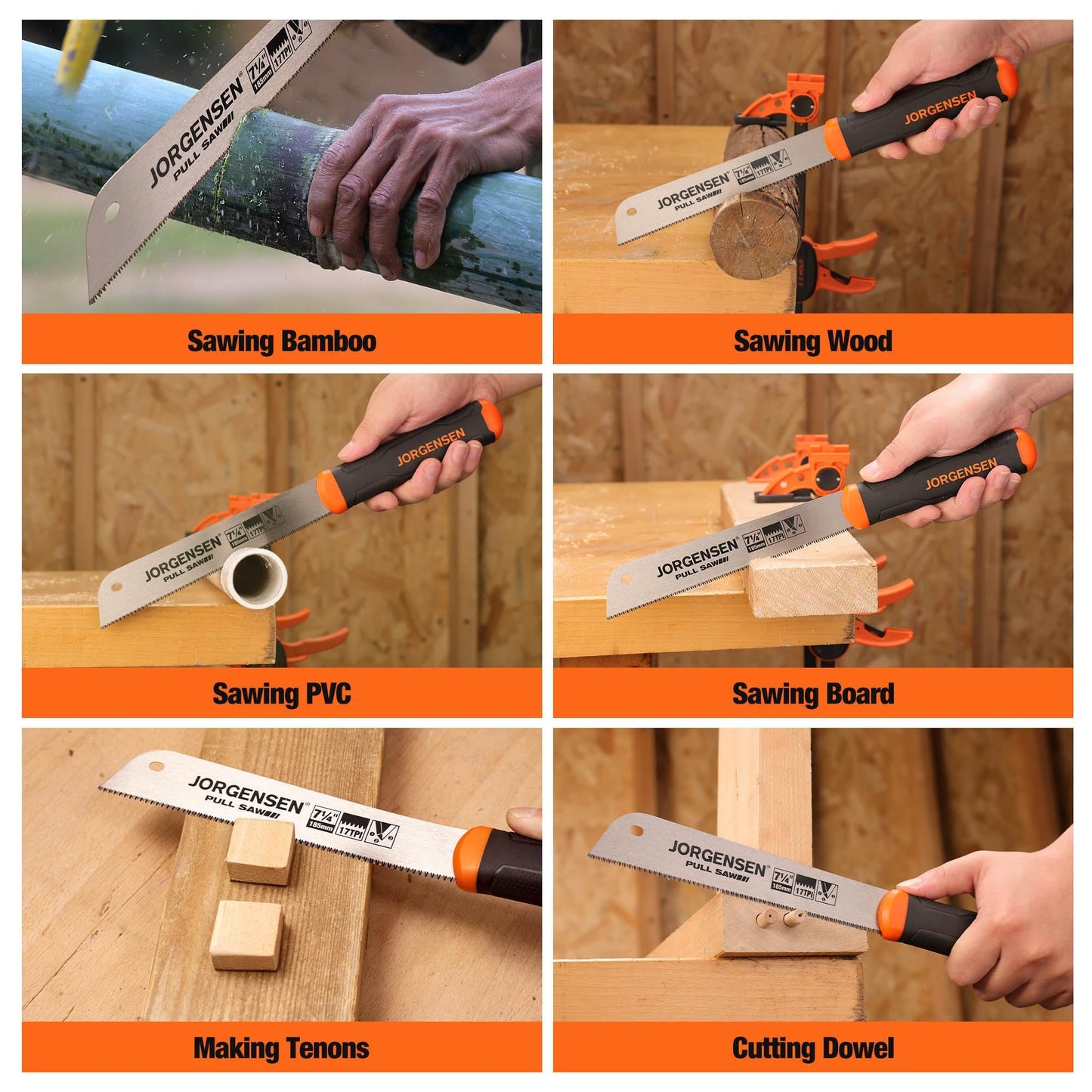 JORGENSEN Japanese Pull Saw 7.25" 17-TPI SK5 Flexible Blade, Flush Cut Hand Saw with Soft Grip for Precise Woodworking