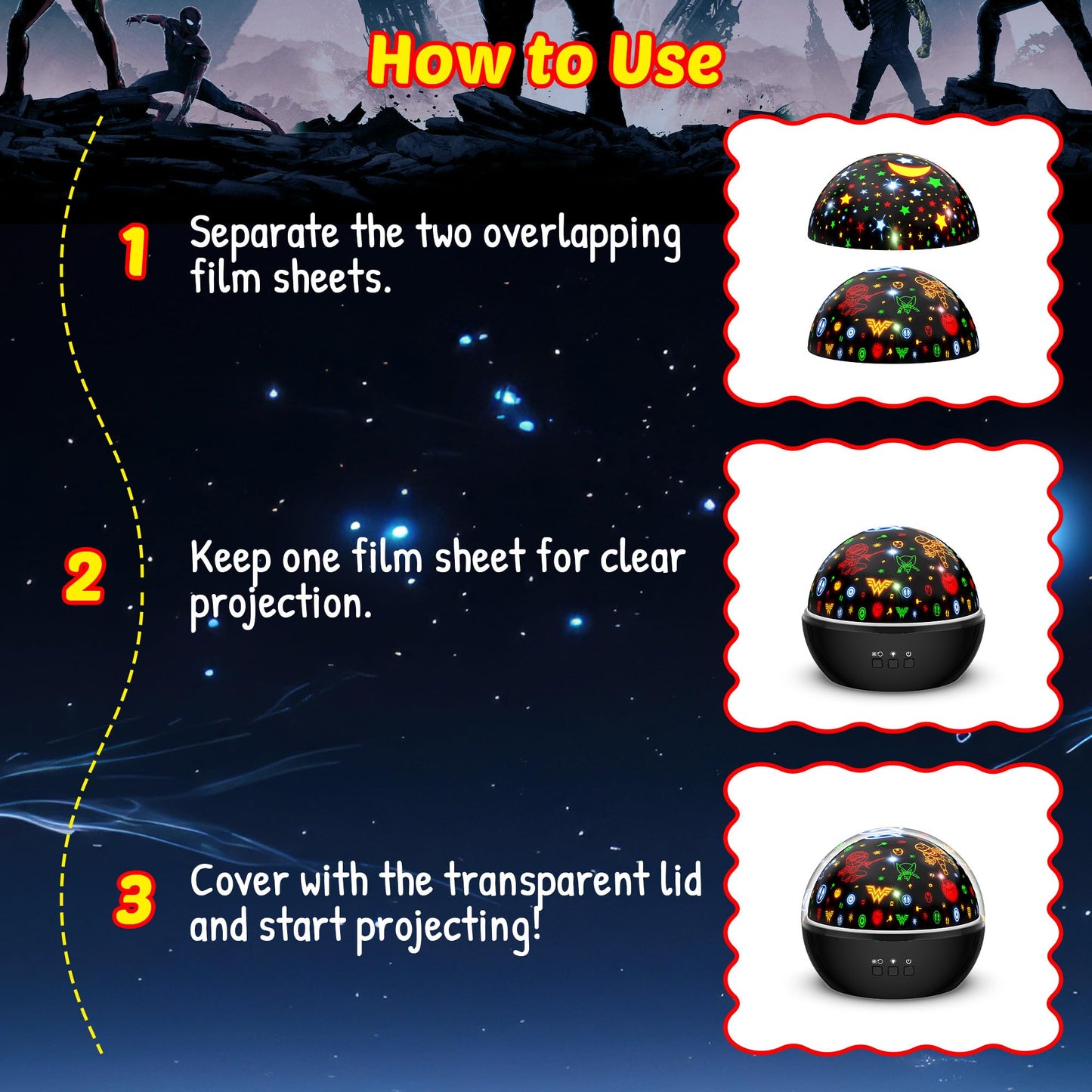 MOKOQI Spiderman 2-in-1 Night Light & Star Projector for Boys | Avengers Superhero Bedroom Decor & Gift for Kids 4-6