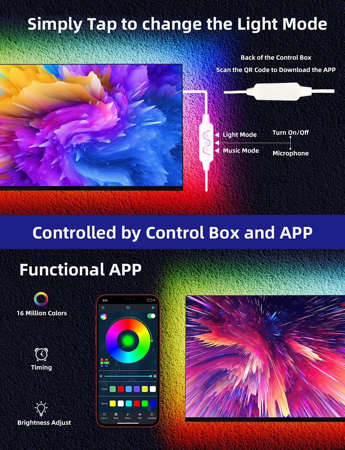 Daymeet 9.8FT LED TV Backlight for 32-60" TVs, RGBICW Color Changing Strip, Music Sync, Bluetooth APP Control, USB LED Lights for Bedroom