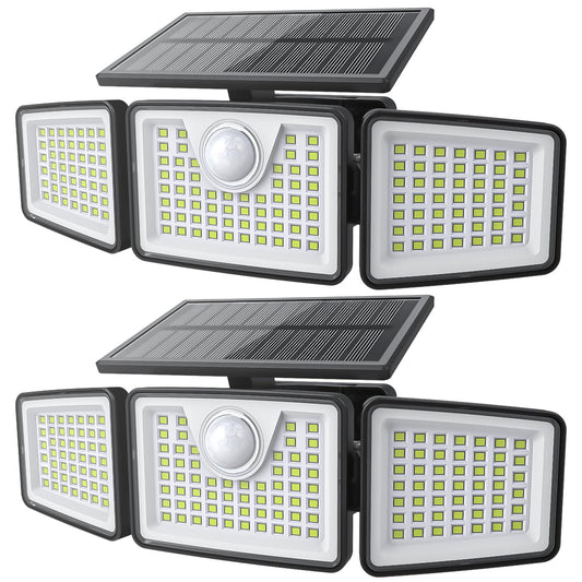 Daphino 2500LM Solar Outdoor Motion Sensor Lights, 3-Head 270° Wide Angle, IP65 Waterproof Security Lights, 3 Modes (2 Pack)