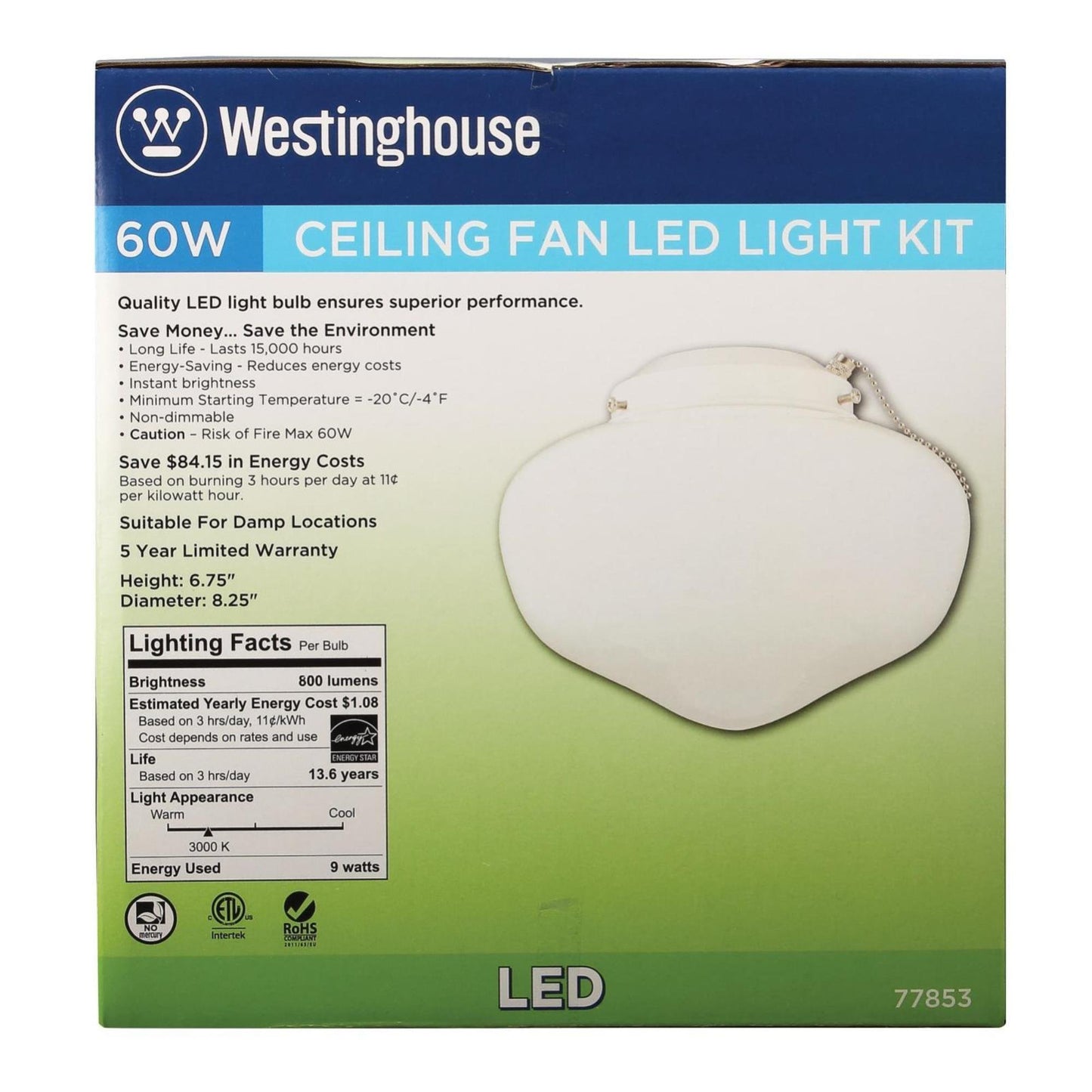 Westinghouse 7785300 LED Schoolhouse Indoor/Outdoor Ceiling Fan Light Kit, White Finish with White Opal Glass