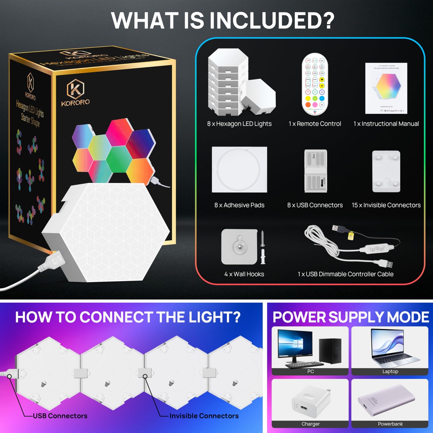 **KORORO Hexagon LED Lights, 8-Pack Smart App RGB Gaming Wall Lights with Remote, Music Sync Honeycomb Lights for Bedroom & Gaming Decor**