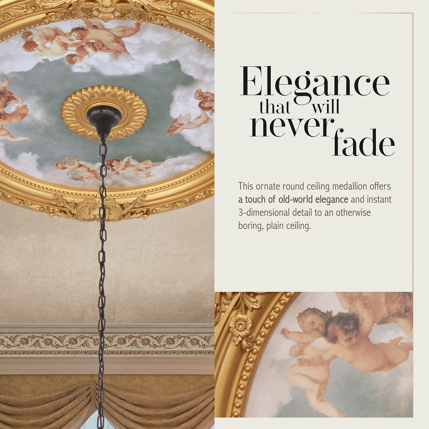 AFD Home Antique Cherubs Ceiling Medallion, Sky Blue & Gold Trim Round Chandelier Plate, 36” Decorative Polystyrene Ceiling Molding