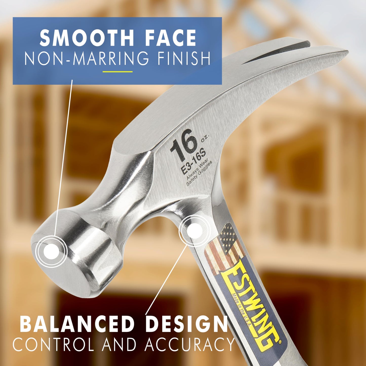 ESTWING Hammer - 16 oz Straight Rip Claw with Smooth Face & Shock Reduction Grip - E3-16S