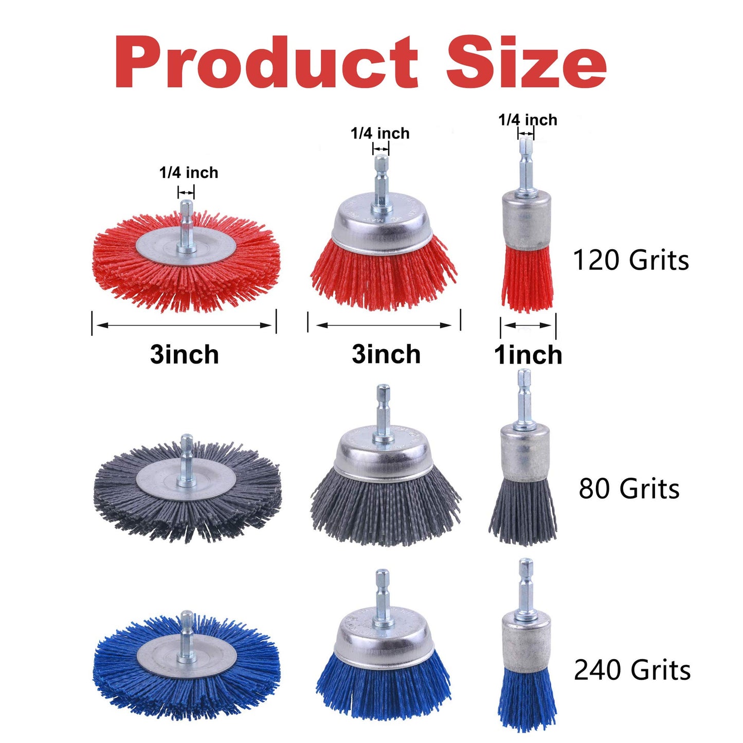 Rocaris 9-Piece Nylon Abrasive Wire & Cup Brush Set, 1/4" Hex Shank, 80/120/240 Grit for Rust, Paint & Corrosion Removal