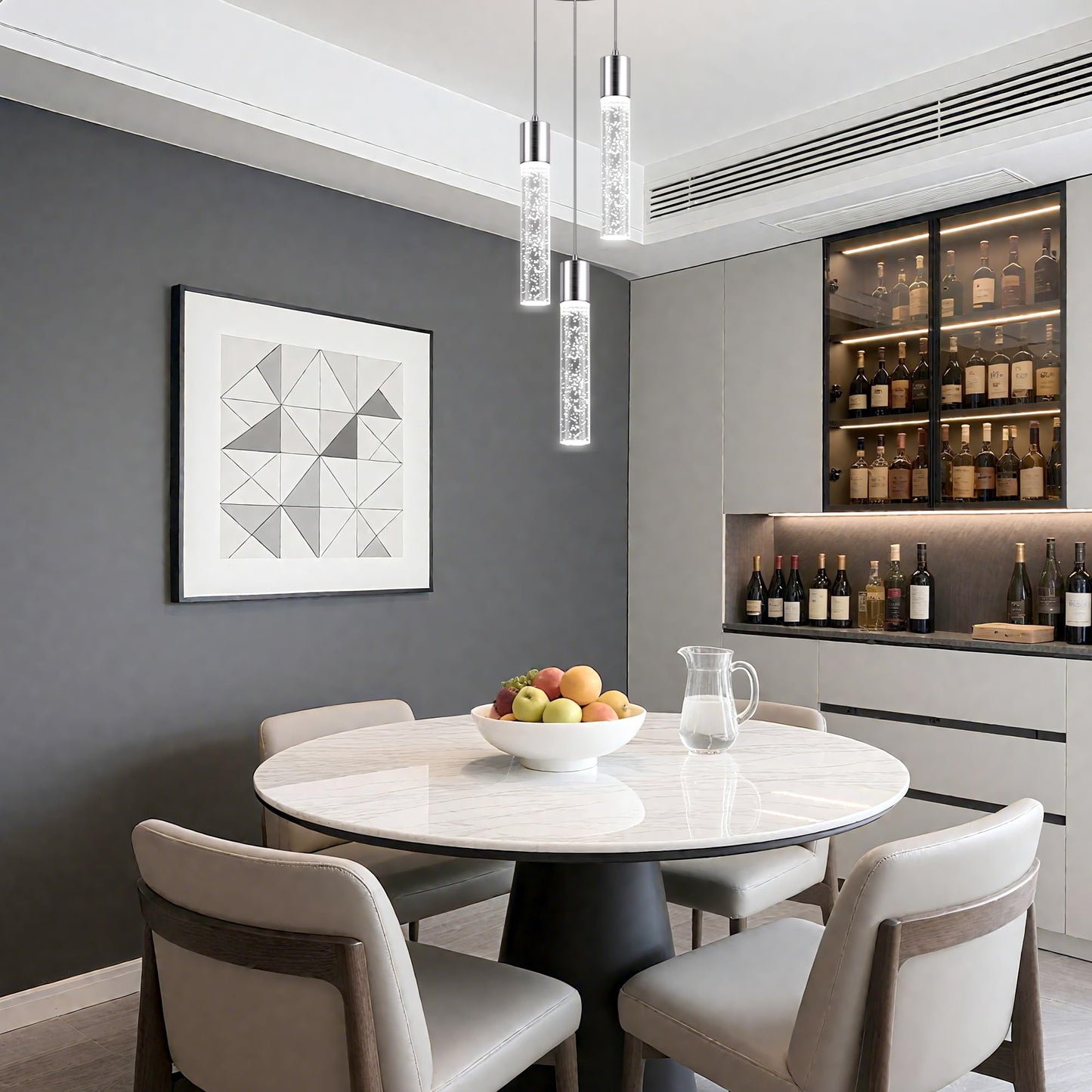 Esfos 3-Light Pendant Ceiling Light for Kitchen Island, Brushed Nickel with Crystal Bubble, Integrated LED 6500K Modern Hanging Light