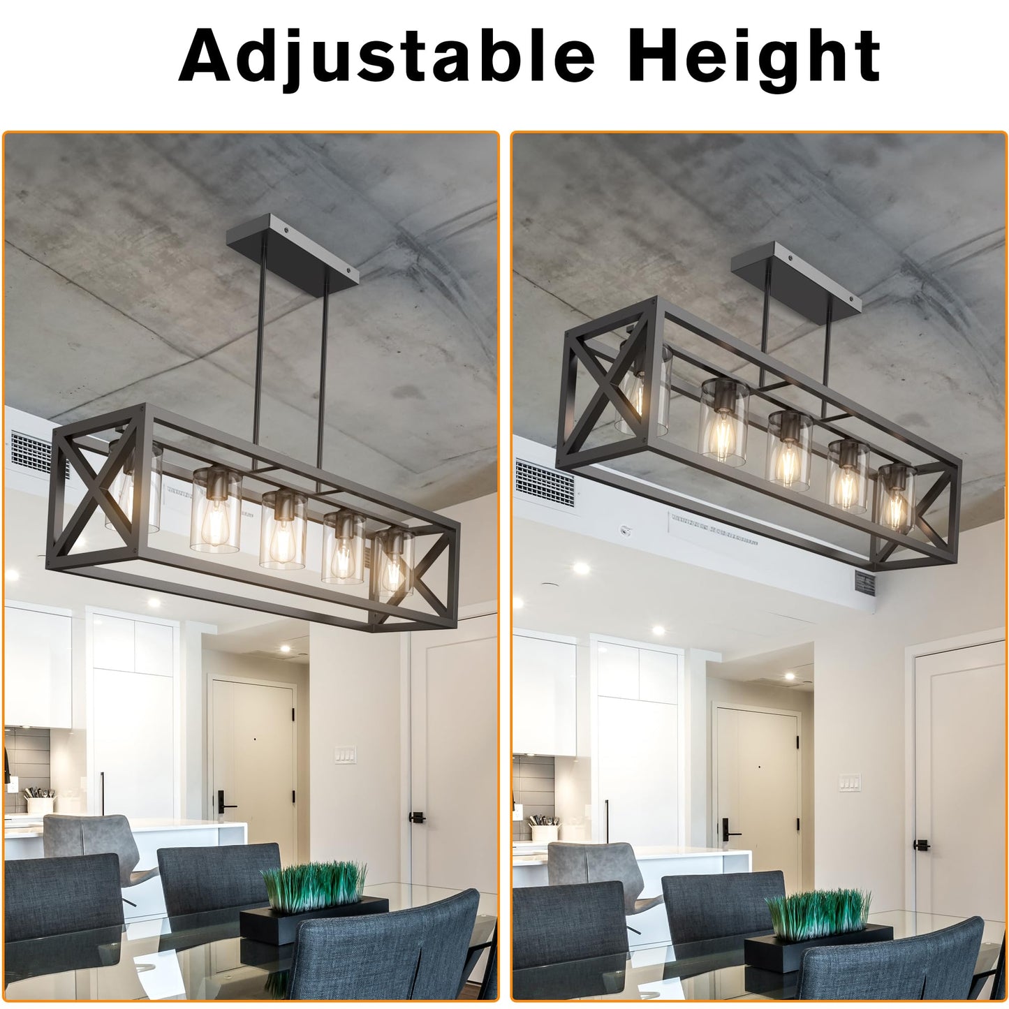 Espird Farmhouse 5-Light Dining Room Chandelier, Matte Black Rectangle Island Light, Adjustable Height Metal Fixture