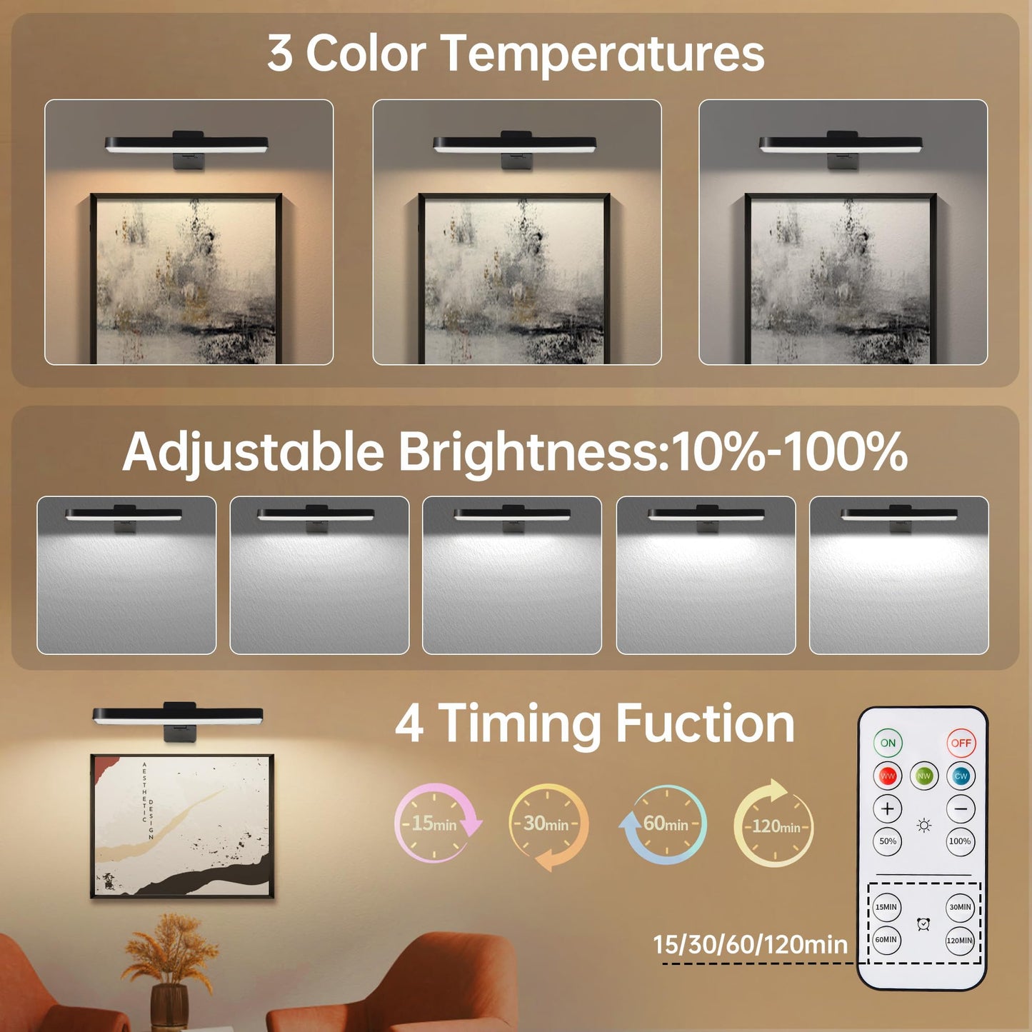 Auncko 2-Pack Rechargeable Wall Picture Lights with Remote – Dimmable, 3 Color Temps, Timer, Wireless Art & Frame Lighting, Black