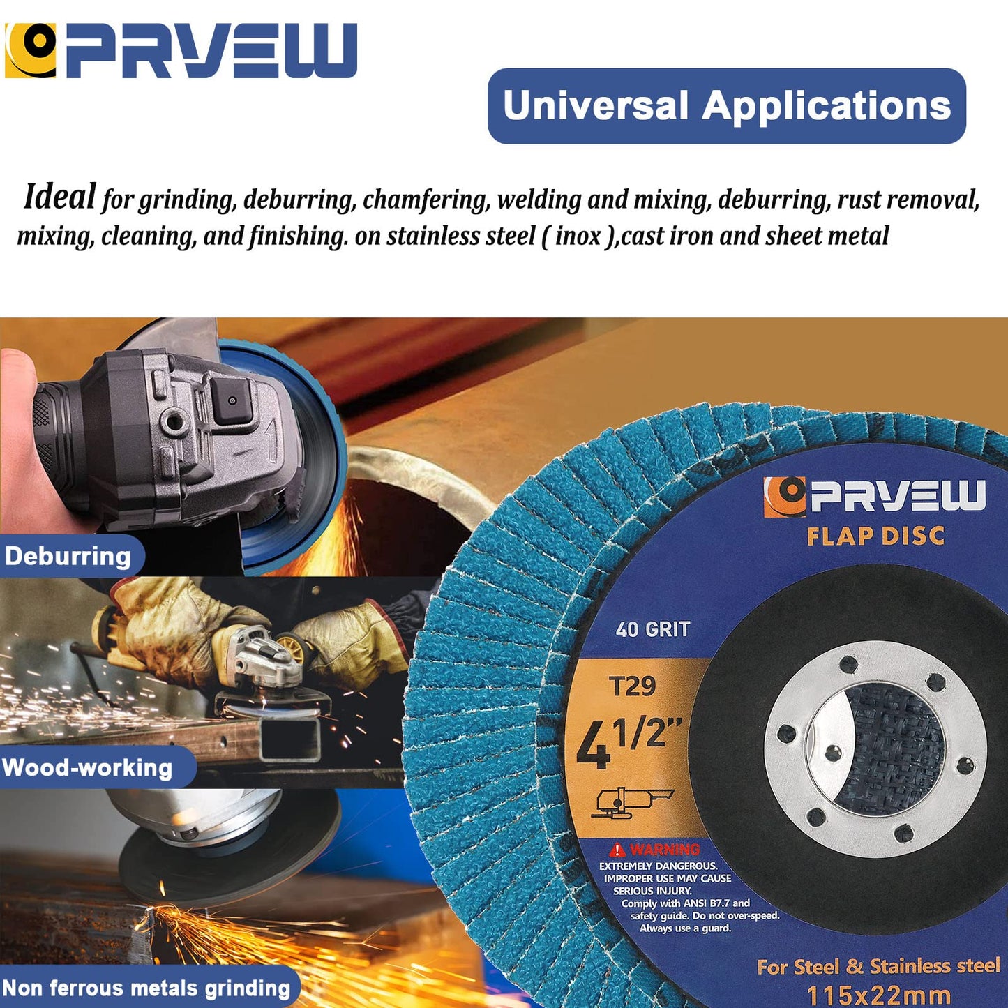 PRVEW 4.5" Flap Discs 5-Pack, T29 Zirconia Abrasive Grinding Wheels, 40/60/80/120 Grit for Metal & Stainless Steel