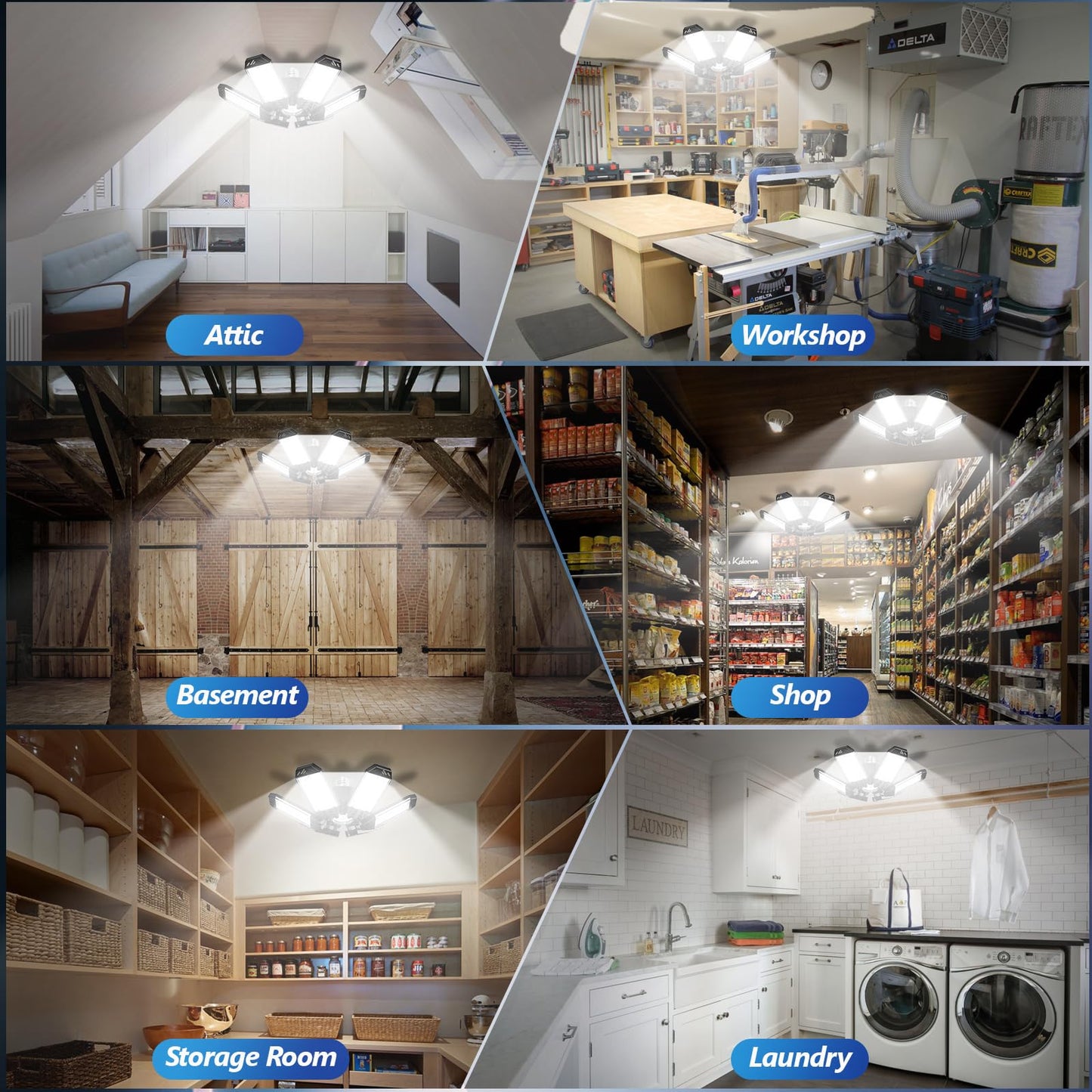 XINGHUANLIT 2-Pack 200W 20000LM Garage LED Lights, 6500K, 6+1 Deformable Panels, E26/E27 Socket, Ceiling Shop/Workshop/Barn Lighting