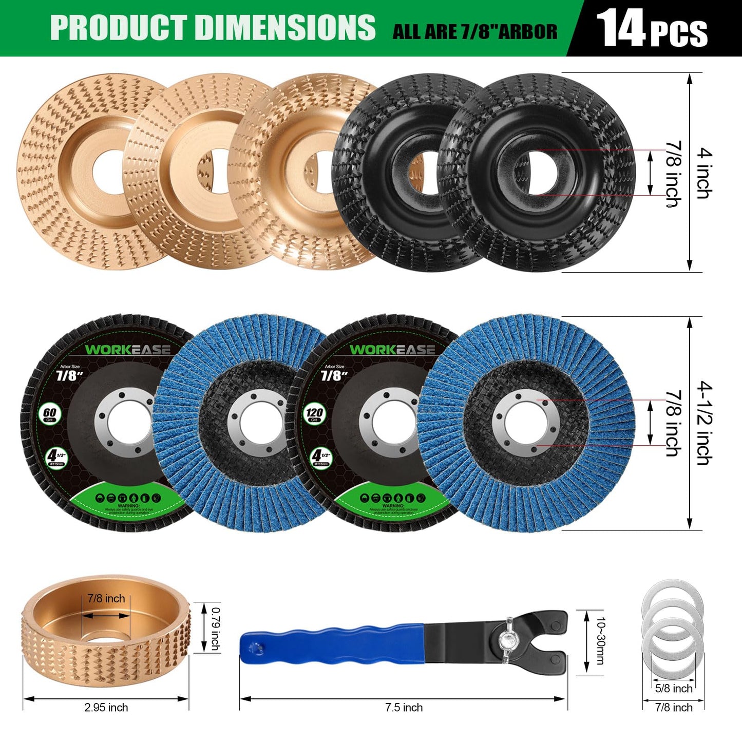 14-Piece Wood Carving Disc Set for 4–4.5" Angle Grinder, Grinding Wheels Kit with 7/8"-5/8" Arbor for Cutting, Shaping & Polishing