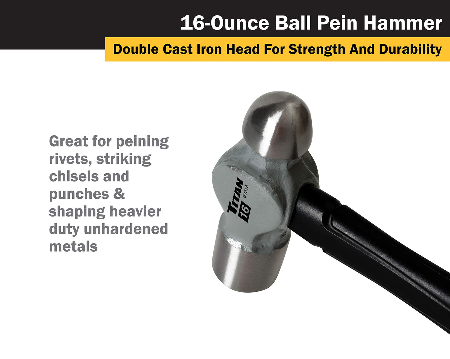 Titan 63302 2-Piece Ball Pein Hammer Set, Includes 8oz & 16oz Ball Peen, Forged Steel Heads, Shock Absorbing Fiberglass Handles & Textured Grips
