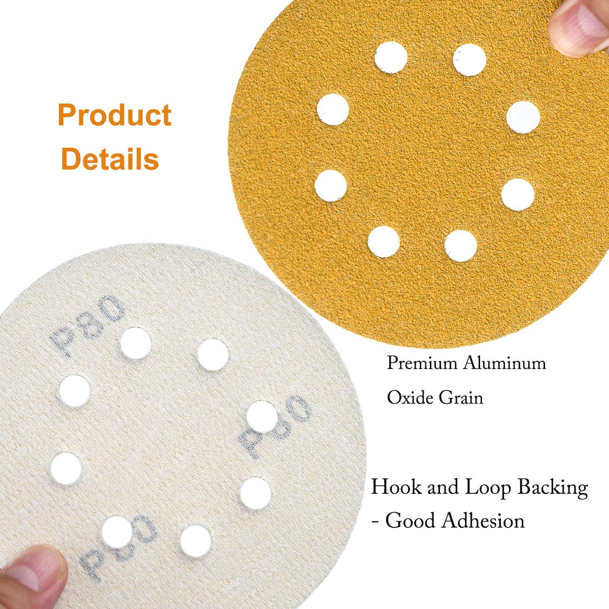 Aiyard 5-Inch 8-Hole Hook and Loop Sanding Discs 80-Grit Random Orbit Sandpaper, 100-Pack
