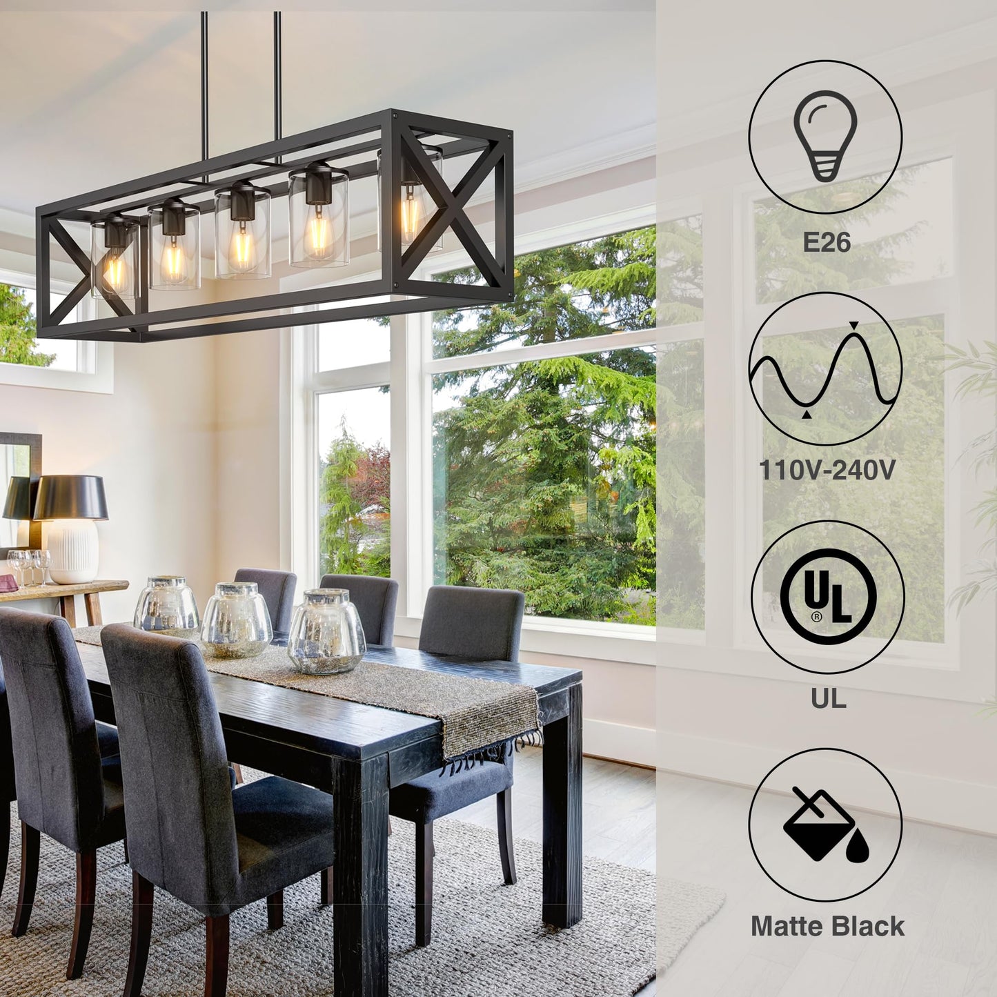 Espird Farmhouse 5-Light Dining Room Chandelier, Matte Black Rectangle Island Light, Adjustable Height Metal Fixture