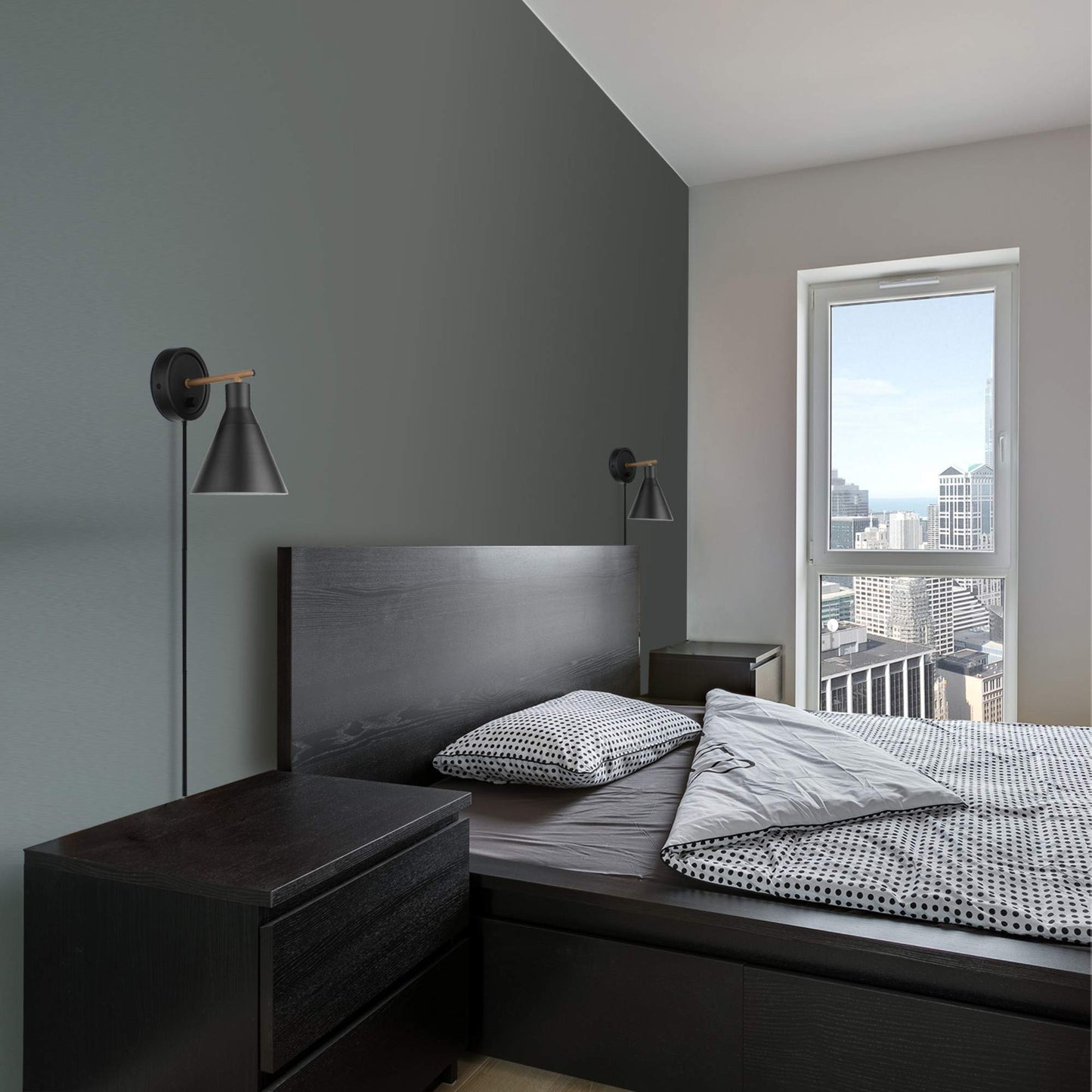 GLOBE Electric 51725 1-Light Wall Sconce, Matte Black & Faux Walnut, Dimmable Plug-In or Hardwire, Stepless Rotary Switch, Bulb Not Included