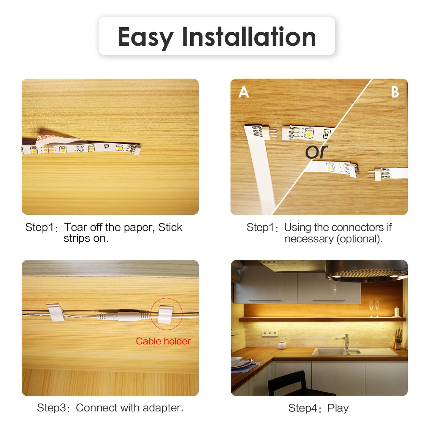 **WOBANE Under Cabinet LED Lighting Kit, 6 Dimmable LED Strip Lights with Remote, 24W Adapter, 2700K Warm White, 1500lm, Timer for Kitchen & Shelves**