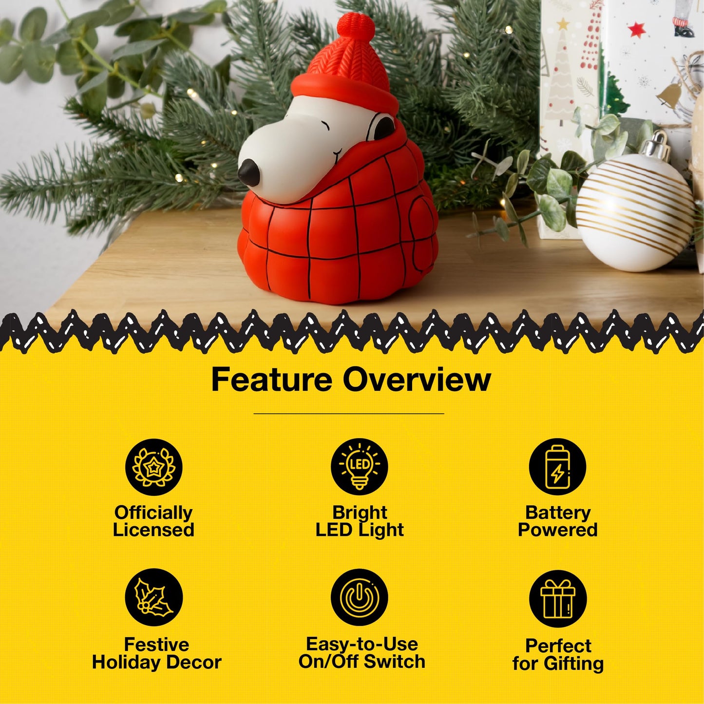 Mark Feldstein, Peanuts Snoopy Puffer Jacket LED Illuminated Resin Tabletop Light, Red, 6 Inch