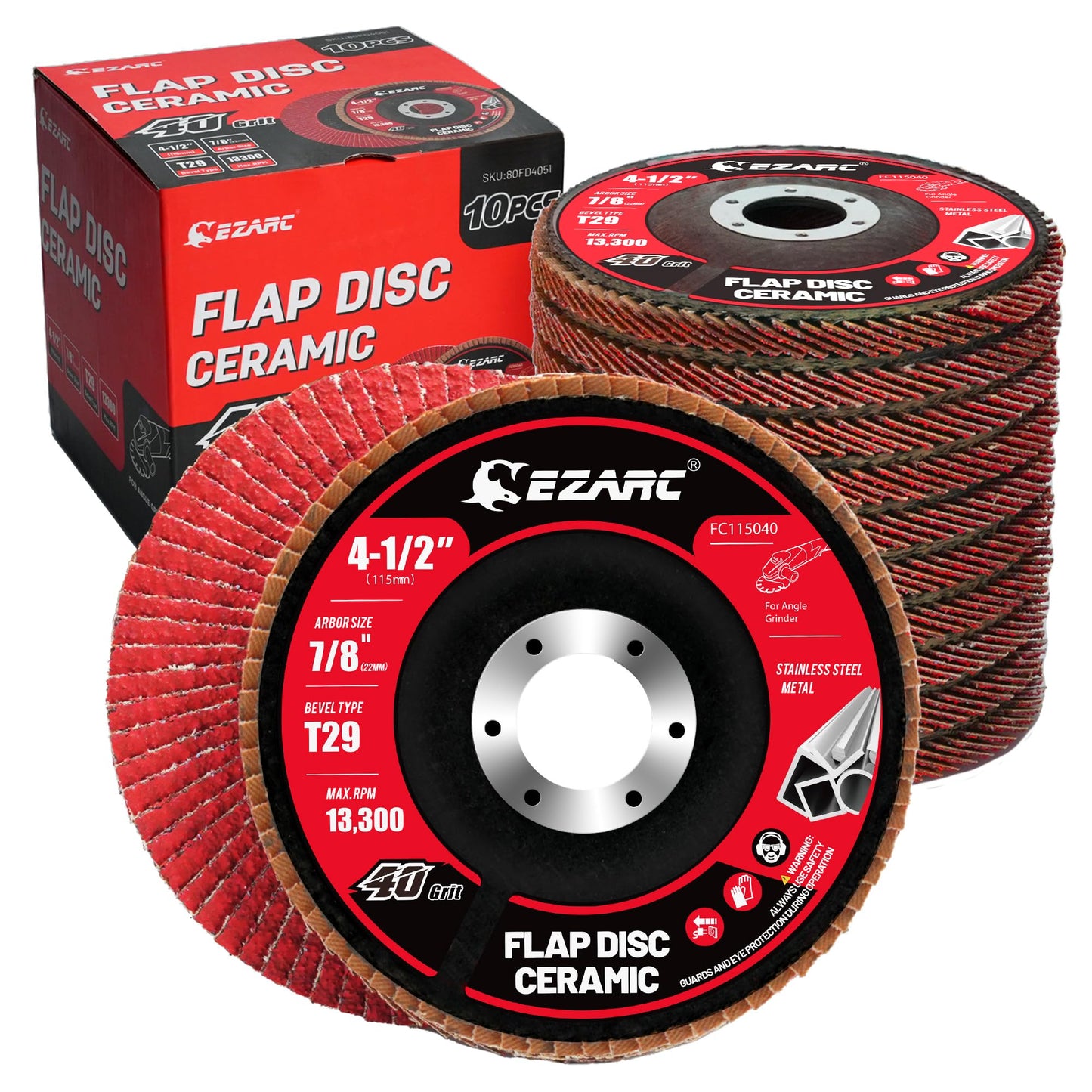 EZARC 10-Pack 4.5" x 7/8" 40 Grit Ceramic Flap Discs, Type 29 Grinding Wheels for Stainless Steel, Metal, Cast Iron, Sheet Metal