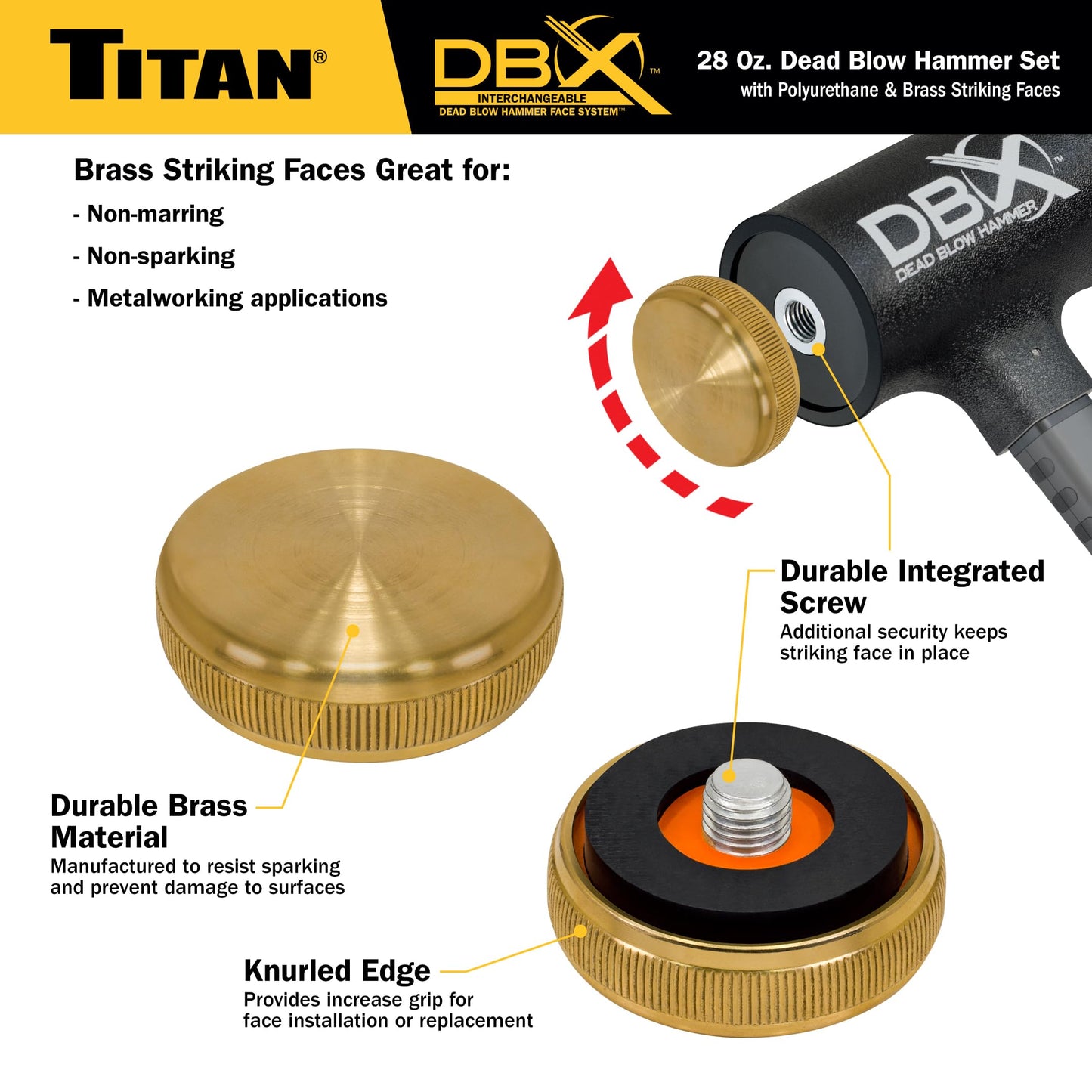 Titan DBX 63630 28oz Dead Blow Hammer, Interchangeable Polyurethane & Brass Faces, Rebound Resistant, 14" Fiberglass Handle