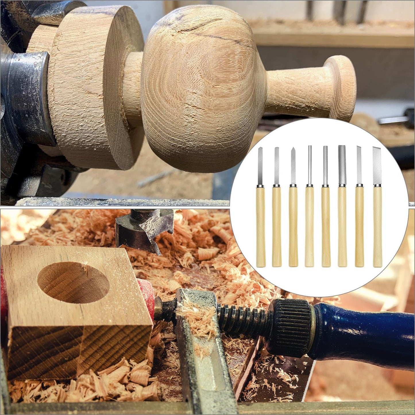 QWORK Wood Turning Chisel Set, 8 Pcs Lathe Chisel Set with Triple Tempered Chromium-Vanadium Steel for Woodworking and Craftsmanship