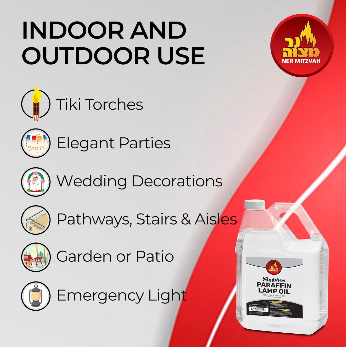 1 Gallon Paraffin Lamp Oil - Clear Smokeless, Odorless, Clean Burning Fuel for Indoor and Outdoor Use - Shabbos Lamp Oil, by Ner Mitzvah