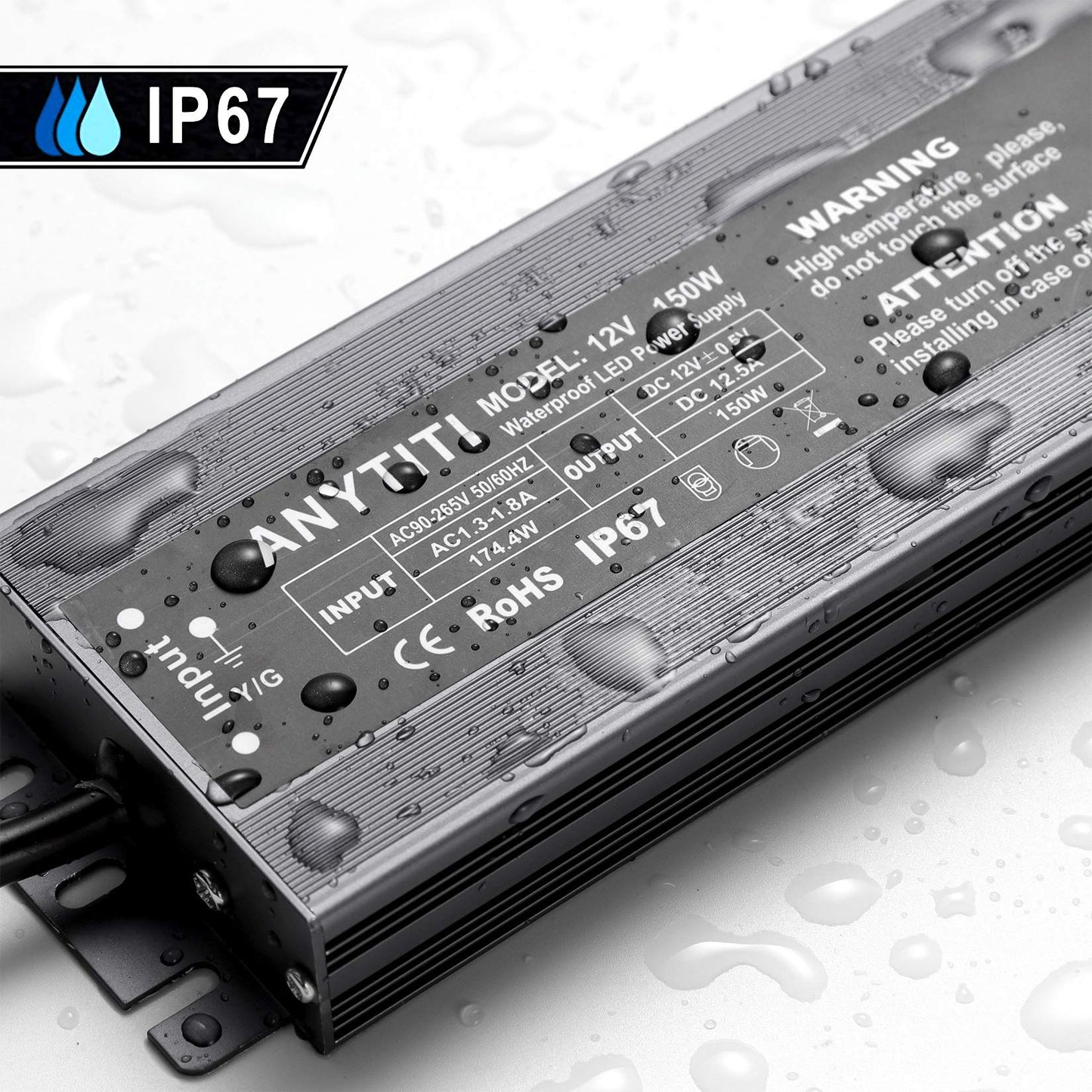 ANYTITI LED Driver,LED Power Supply IP67 Waterproof Output 150W DC12V 12.5A 3-Prong Plug 4.5feet