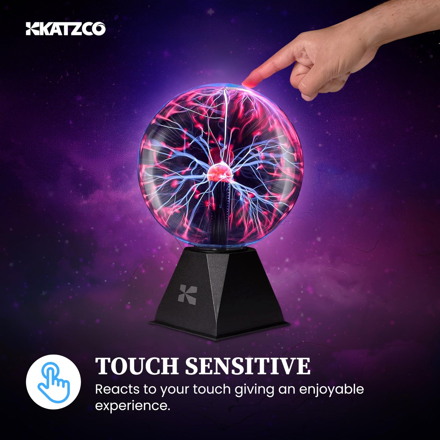 Katzco 7" Plasma Ball Lamp – Touch & Sound Sensitive Electric Globe with Lightning Effects, Plug-In Energy Sphere for Parties & STEM Learning