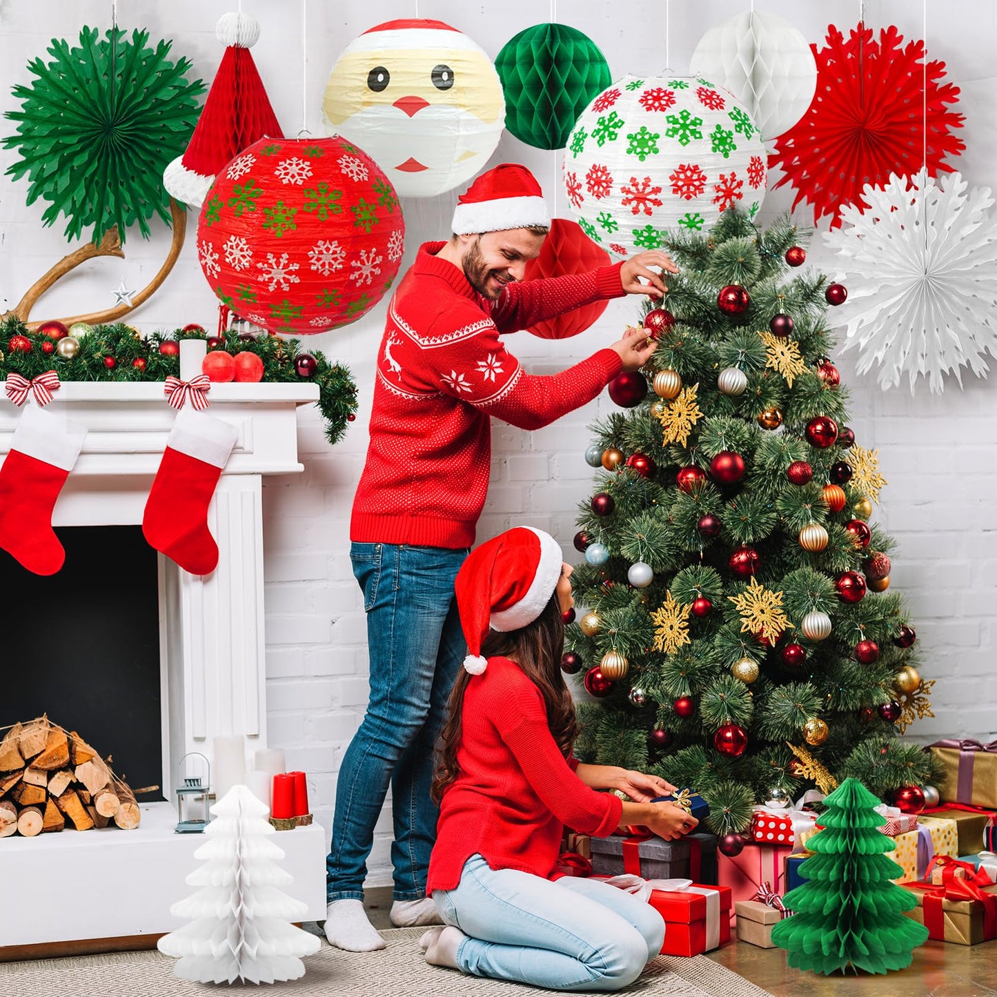 Christmas Honeycomb Paper Lantern Set – Hanging Decorations, Santa Hat, Trees, Lanterns & Paper Fans for Holiday & XMAS Party Decor