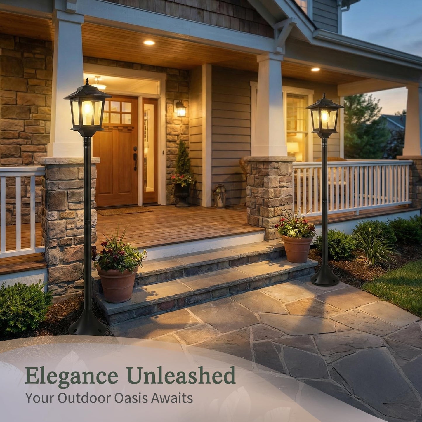 PASAMIC Outdoor Solar Post Lights, 2-Pack 63" Dusk to Dawn Lamp Posts, Waterproof Warm White Patio Floor Lamps with Replaceable Bulb