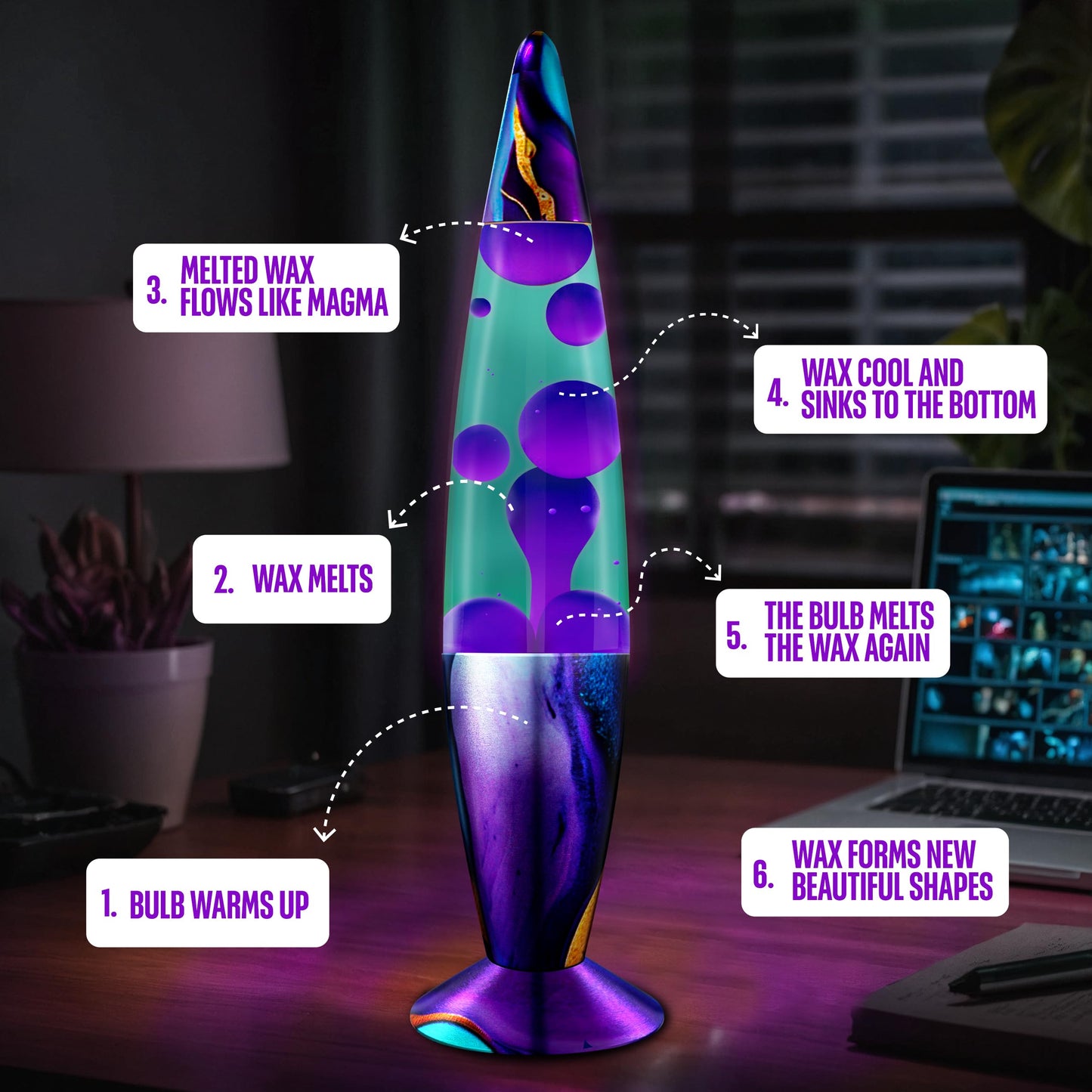 JAMBO 16” Magma Motion Lamp, Teal with Purple Wax – Relaxing Retro Liquid Night Light for Bedroom, Living Room & Office