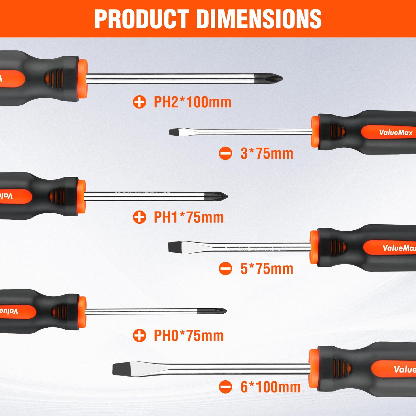 ValueMax 6-Piece Magnetic Screwdriver Set, 3 Phillips and 3 Flat Tip Screwdrivers, Non-slip Handle Screw Driver Set Kit