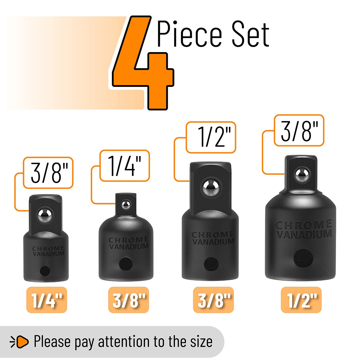 Bates 4-Pc Impact Socket Adapter & Reducer Set – 1/2" to 3/8", 3/8" to 1/2" & 3/8" to 1/4" Socket Adapters for Impact Tools