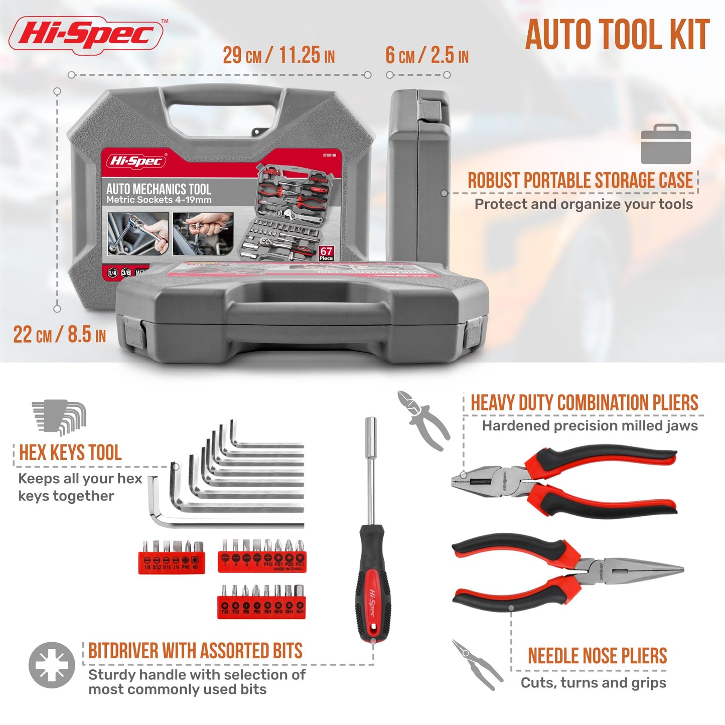 Hi-Spec 67Pc Metric Auto Mechanic Tool Set for Cars, Motorcycles & Trucks – Pliers, Screwdrivers, Sockets & Toolbox Case