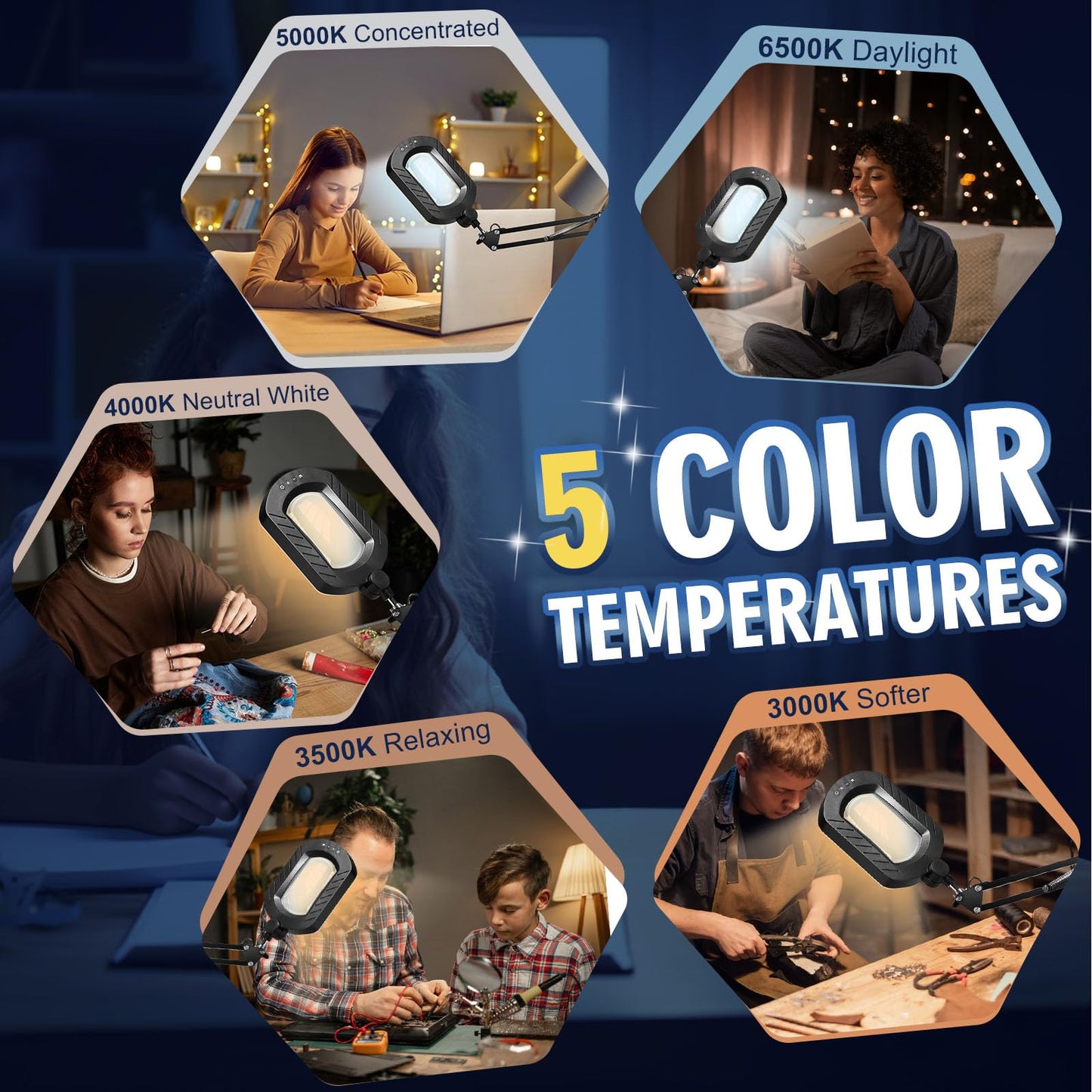 12X LED Magnifying Glass with Stand, 144 LEDs, 5 Color Modes & 10 Brightness Levels, Hands-Free Desk Lamp for Craft, Reading & Close Work