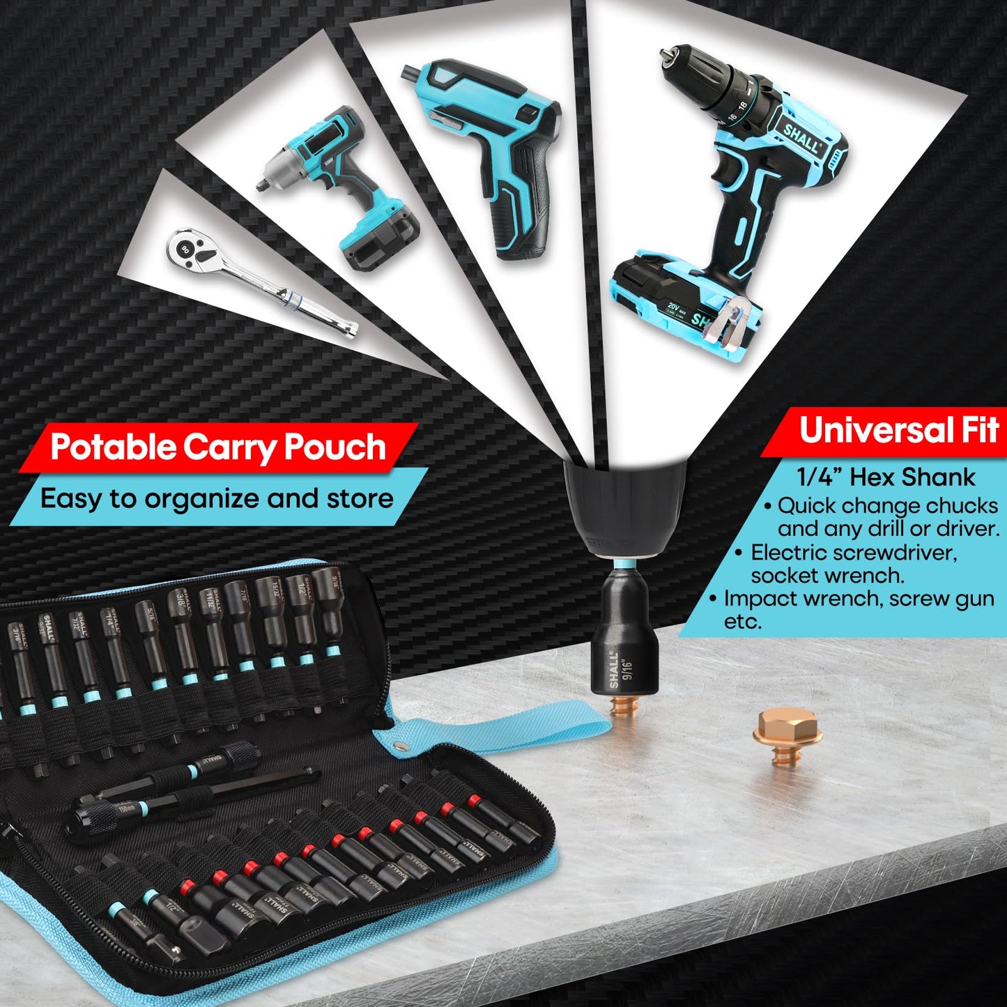 SHALL 29PCS Magnetic Nut Driver Set, 1/4" Hex Impact Drill Bits, SAE & Metric Cr-V Steel, Quick-Release Extensions & Storage Bag