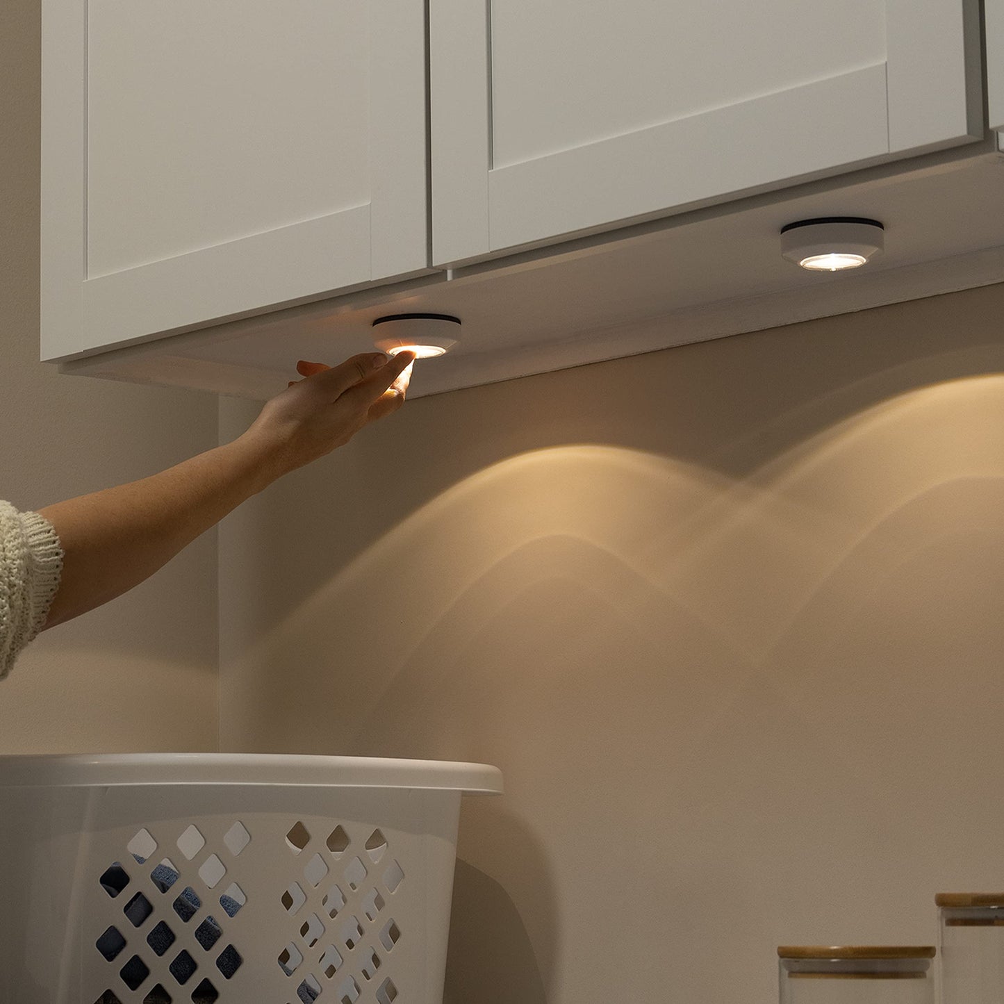 Amazon Basics LED Puck Lights, 2 Pack, Battery Operated Tap Stick-On Lights, 50 Lumens, Ideal for Cabinets, Closets, Garage – White