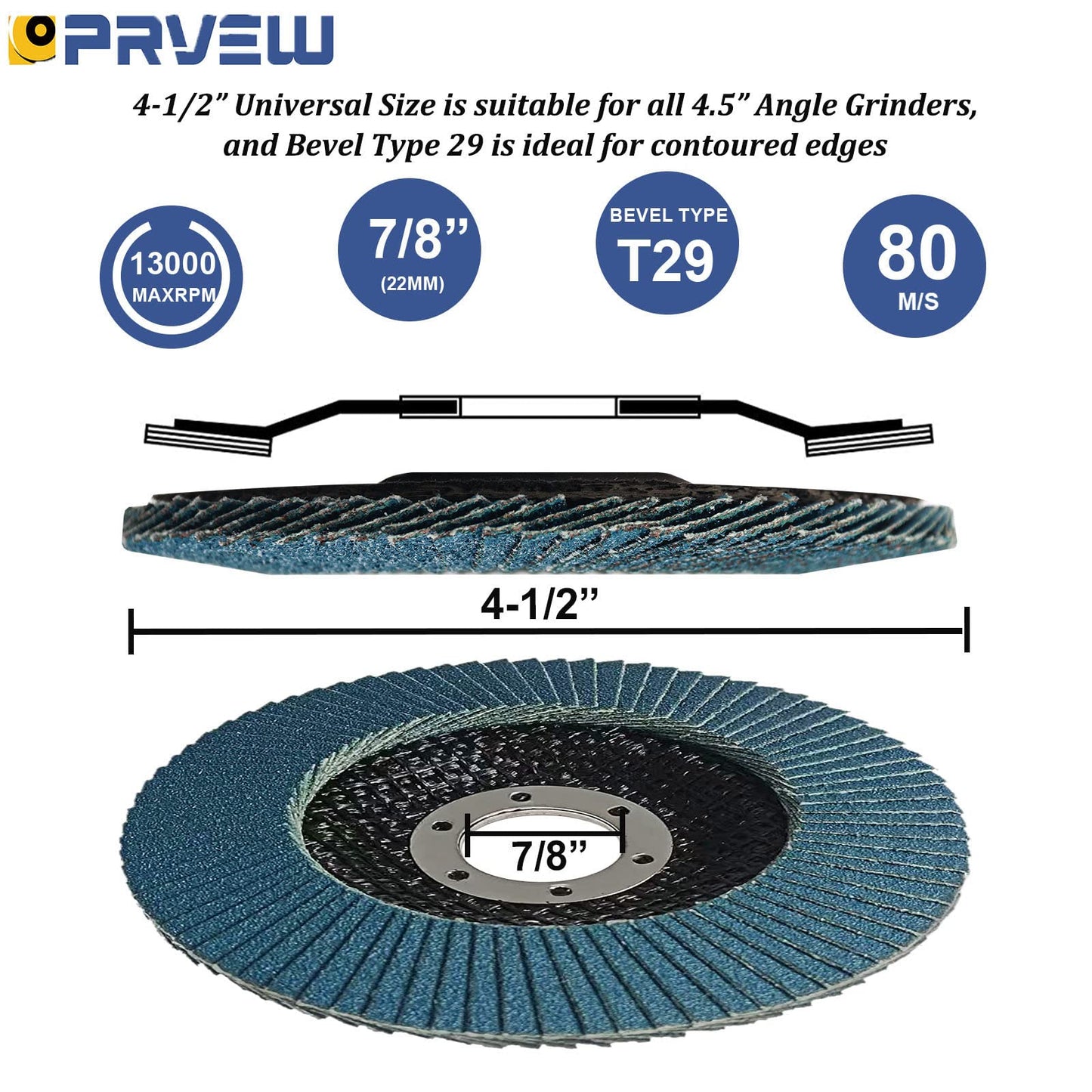 PRVEW 4.5" Flap Discs 5-Pack, T29 Zirconia Abrasive Grinding Wheels, 40/60/80/120 Grit for Metal & Stainless Steel