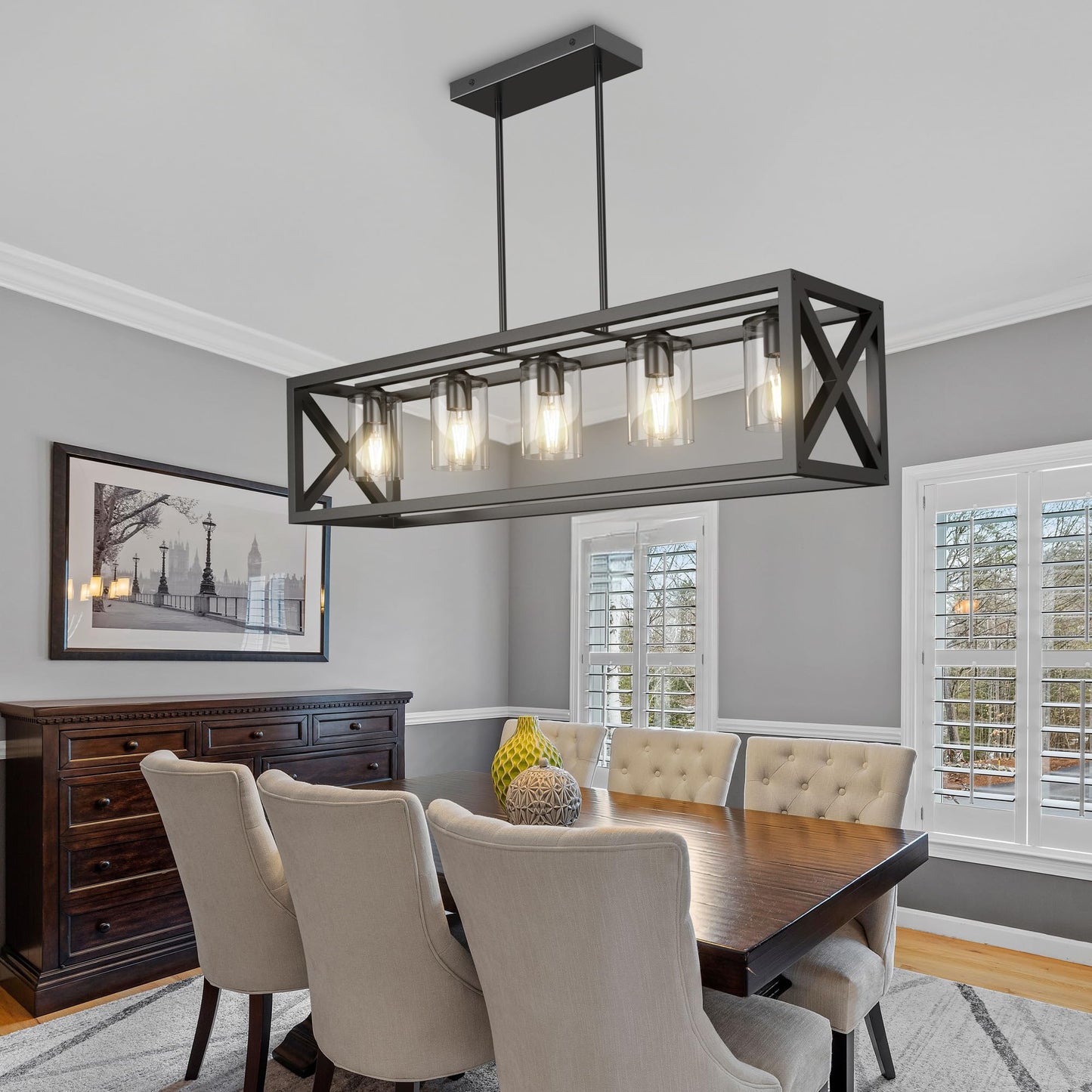 Espird Farmhouse 5-Light Dining Room Chandelier, Matte Black Rectangle Island Light, Adjustable Height Metal Fixture