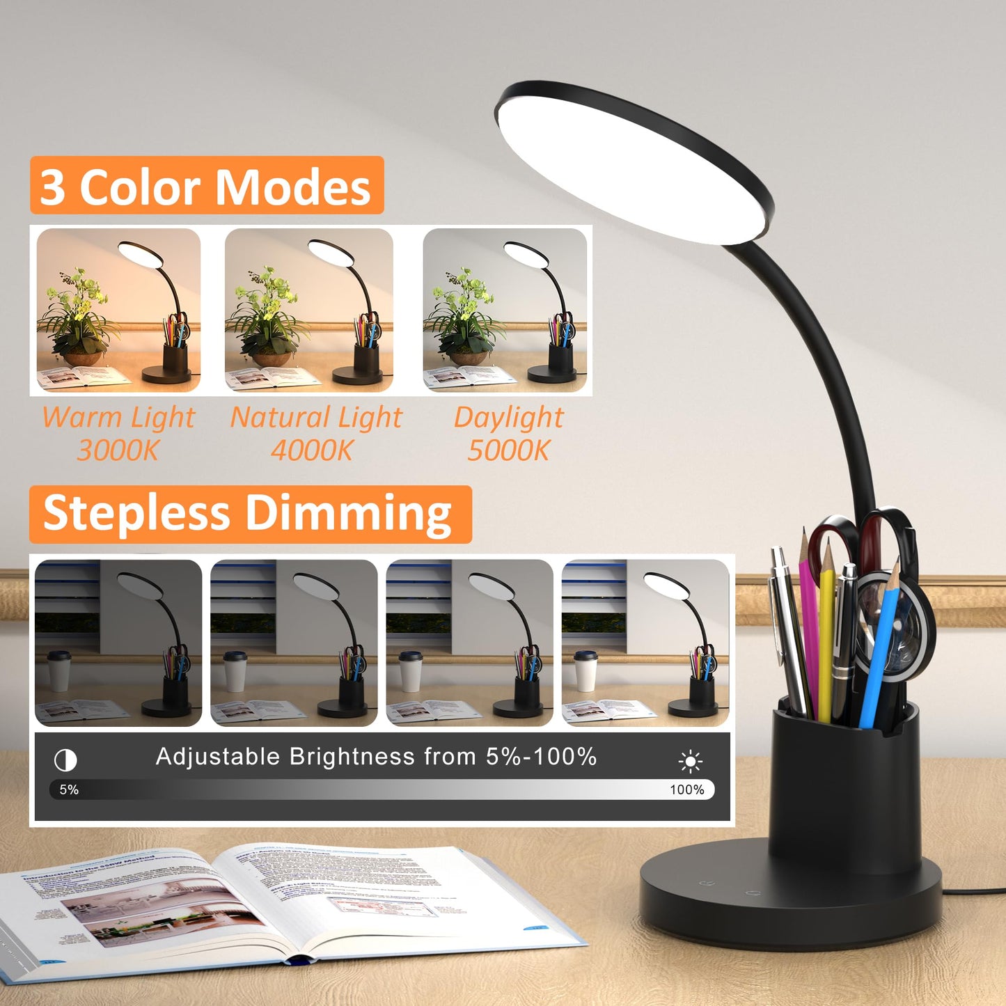Vicsoon LED Desk Lamp for Home Office, Touch Control, 3 Color Modes, Dimmable 360° Adjustable Arm, Pen & Phone Holder, Black