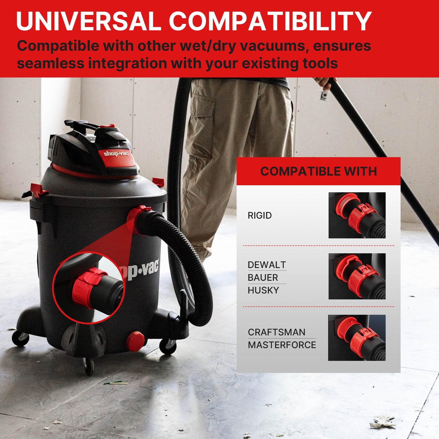 Shop-Vac 8' X 2-1/2" Universal Hose Black, Replacement Hose Compatible with Rigid, Dewalt, Husky, Craftsman, Bauer, Masterforce Vacuum Cleaners