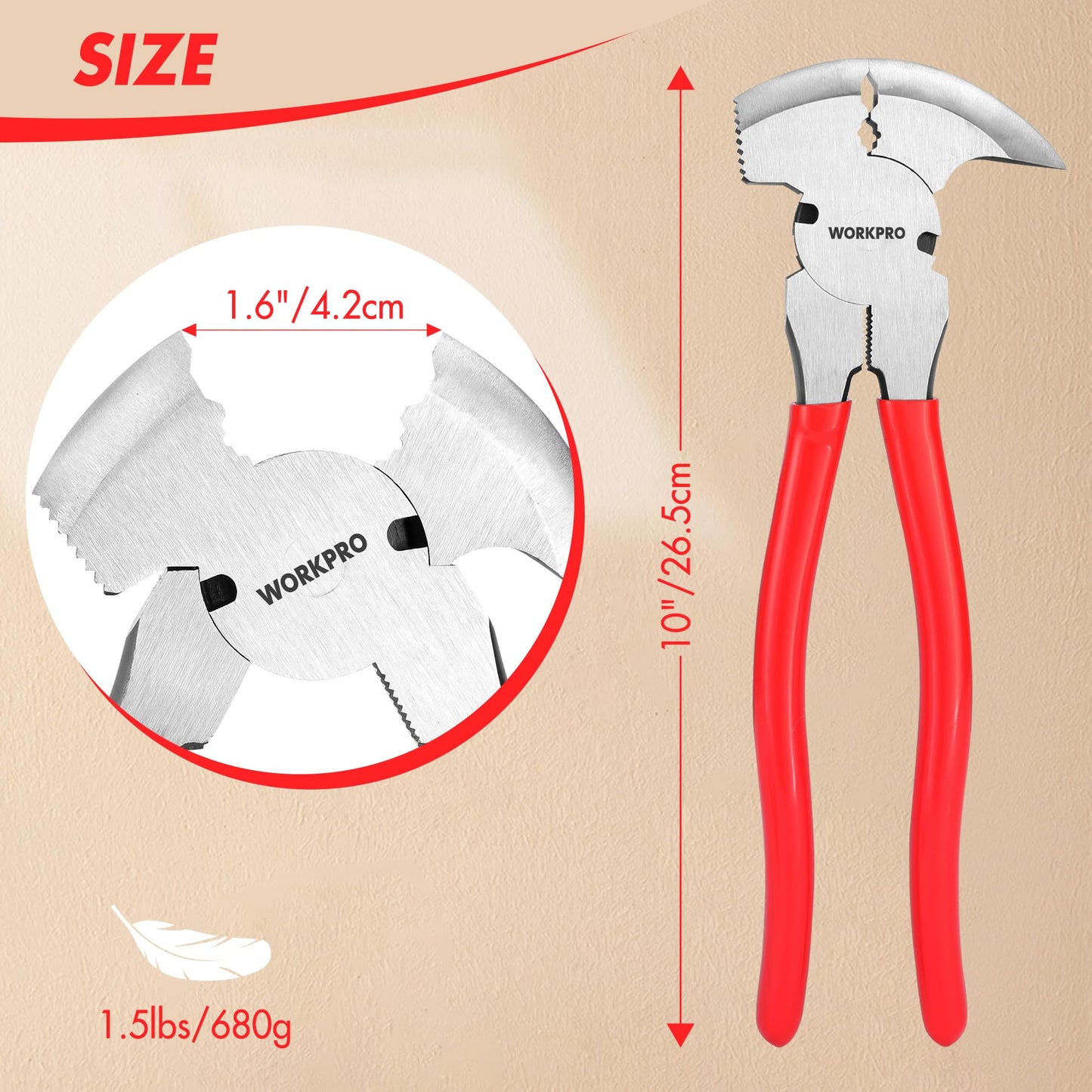 WORKPRO 10" Heavy Duty Fencing Pliers – Multi-Tool for Barbed Wire, Nail & Staple Pulling, Wire Cutting, Hammer Head