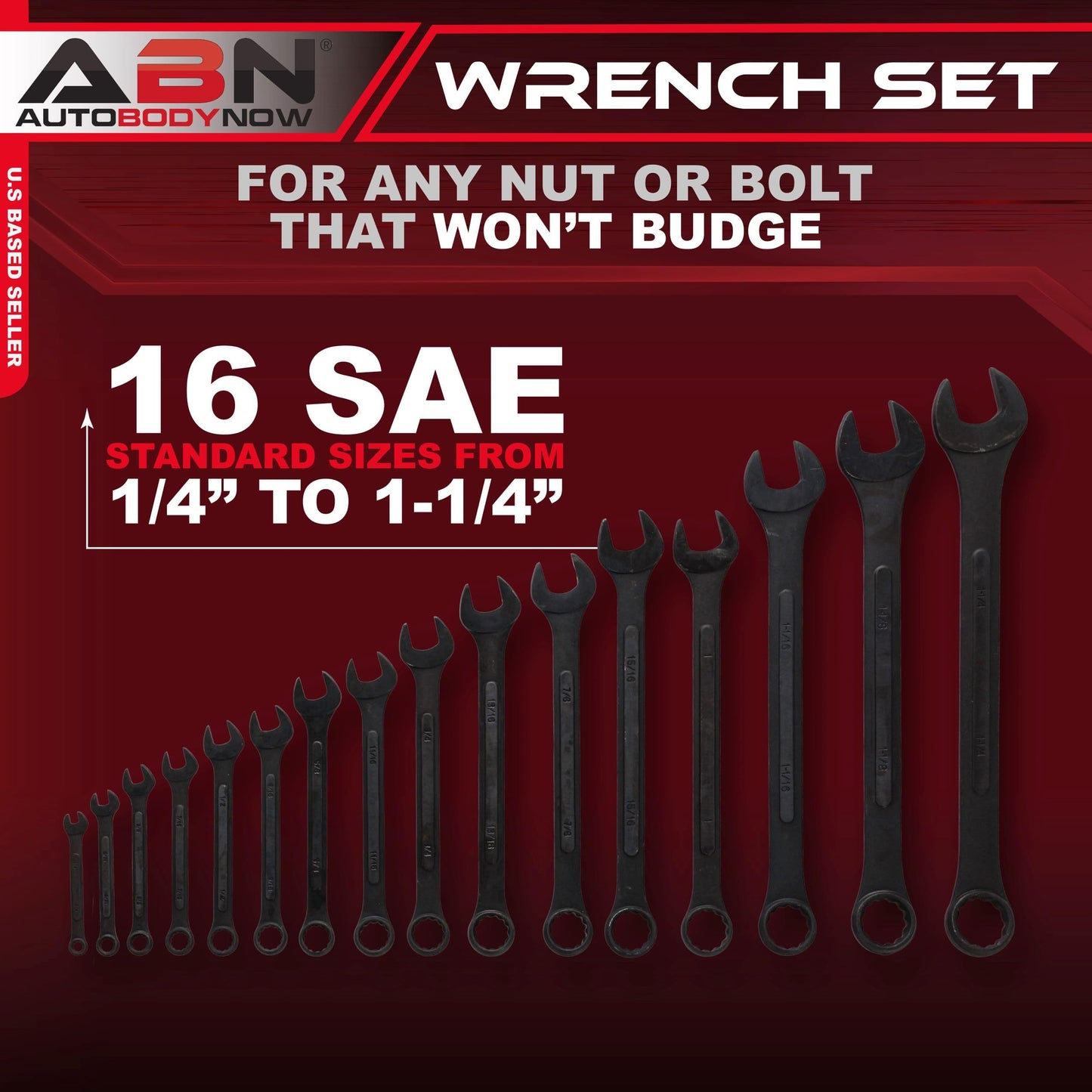 ABN Standard Wrenches Set - 16 Piece SAE Combination Wrench Set 1/4in to 1-1/4in SAE Wrench Set with Roll Up Pouch