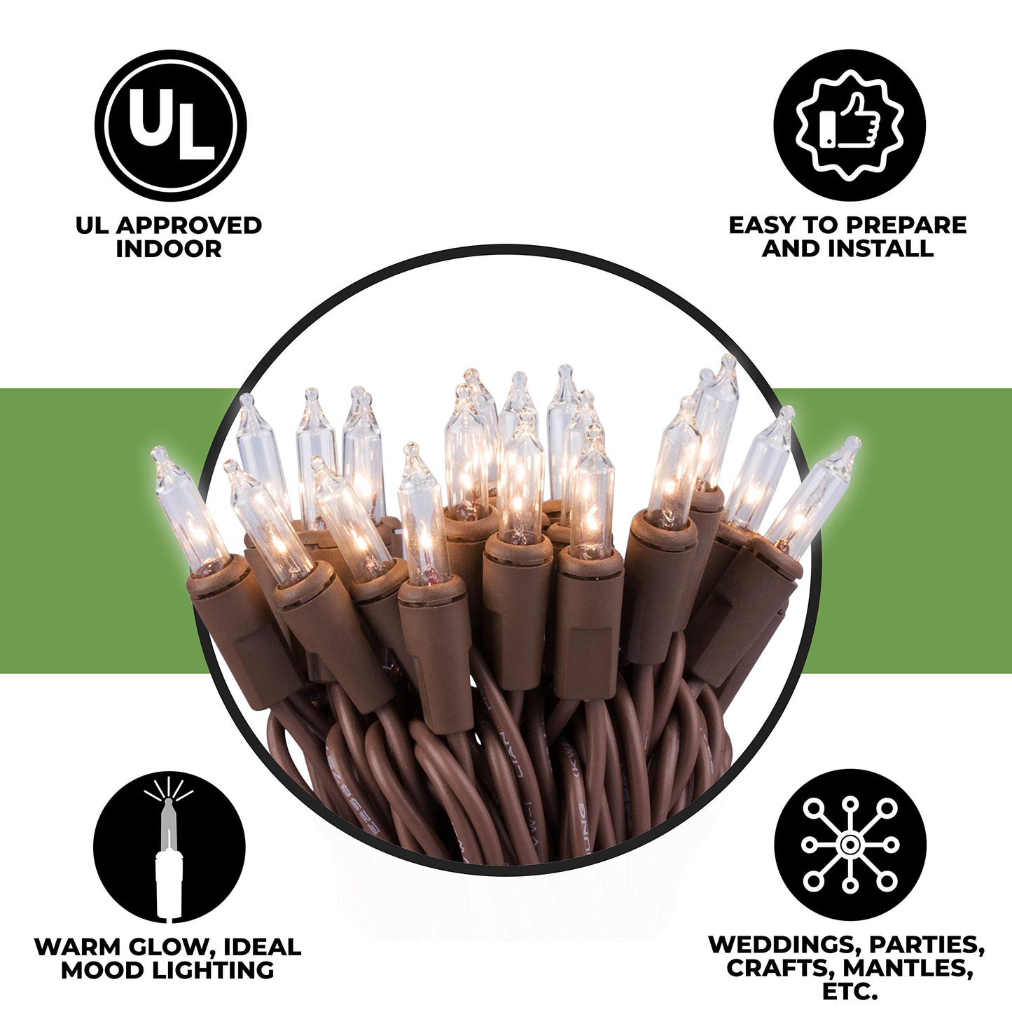 612 Vermont 20 Clear Mini Christmas String Lights, Brown Wire, UL Listed Indoor Only, 5ft Lighted Length, 6ft Total