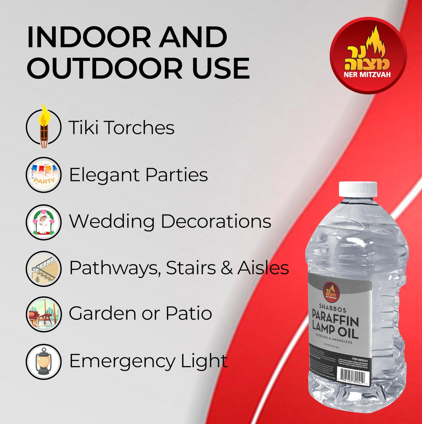 Ner Mitzvah Paraffin Lamp Oil - Clear Smokeless, Odorless, Clean Burning Fuel for Indoor and Outdoor Use - 2 Liter (67.6 oz)