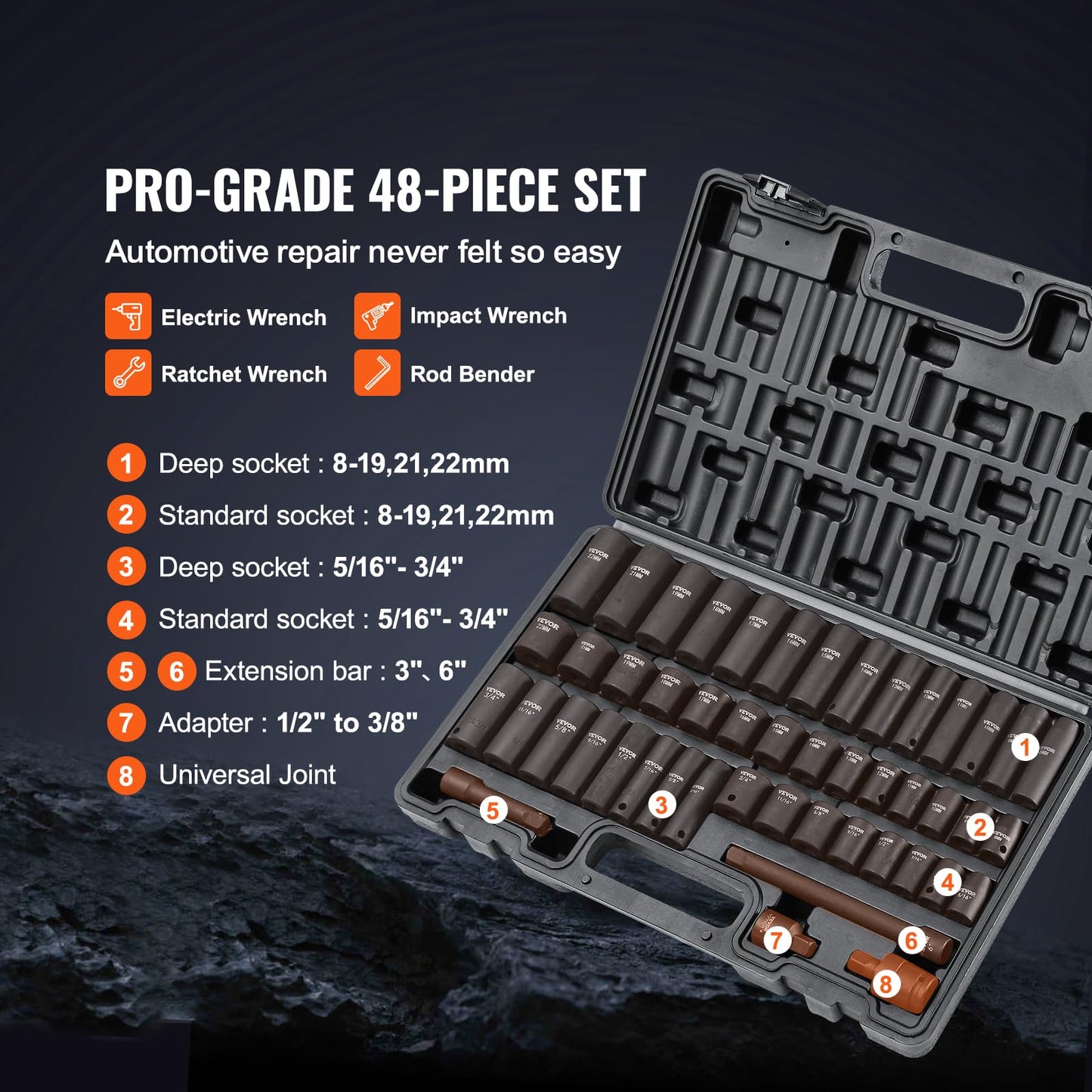 VEVOR 48-Piece 3/8" Drive Impact Socket Set, SAE & Metric, Deep & Shallow, 6-Point, CR-V with Extension, Universal Joint & Reducer
