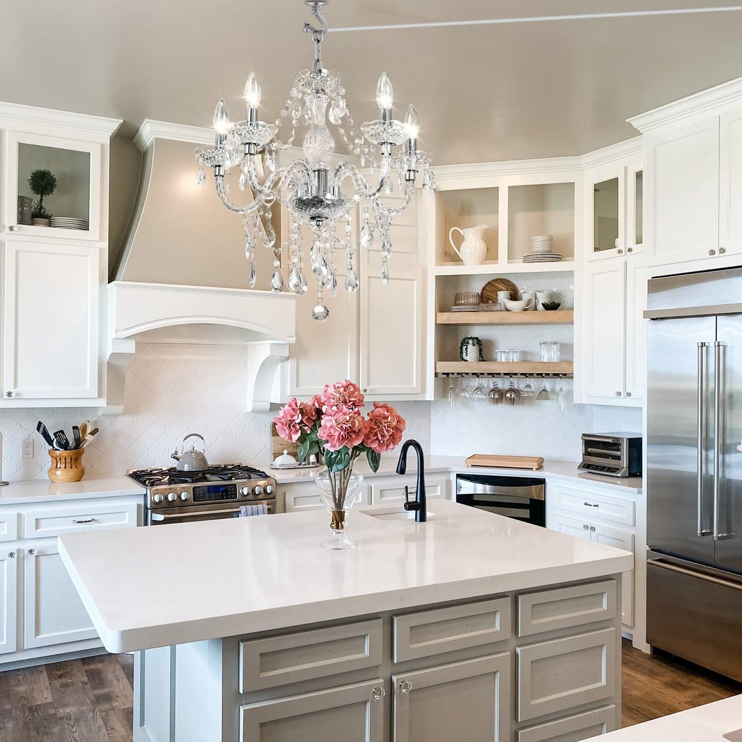 PAPAYA 5-Light Crystal Pendant Chandelier, Acrylic Hanging Light with Clear Cord & Switch, 19"H x 19.7"D, for Kitchen, Dining, Bedroom