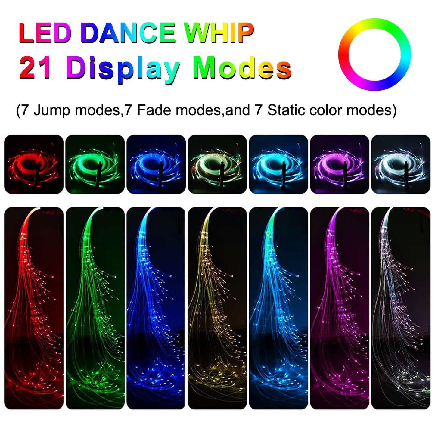 Dance Whip LED Fiber Optic Whip 6ft Rechargeable Pixel Whip with 7 Colors and 4 Glowing Modes,Flow Perfect for Dance, Parties, Gift