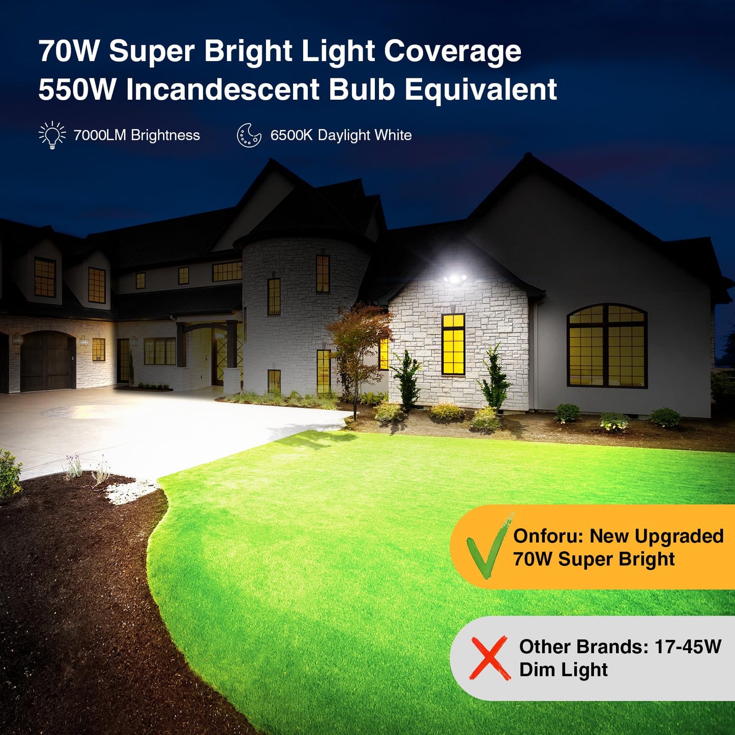 Onforu 70W LED Dusk-to-Dawn Flood Light, 7000LM, 3 Adjustable Heads, IP65 Waterproof, 6500K Outdoor Security Light for Yard & Garage