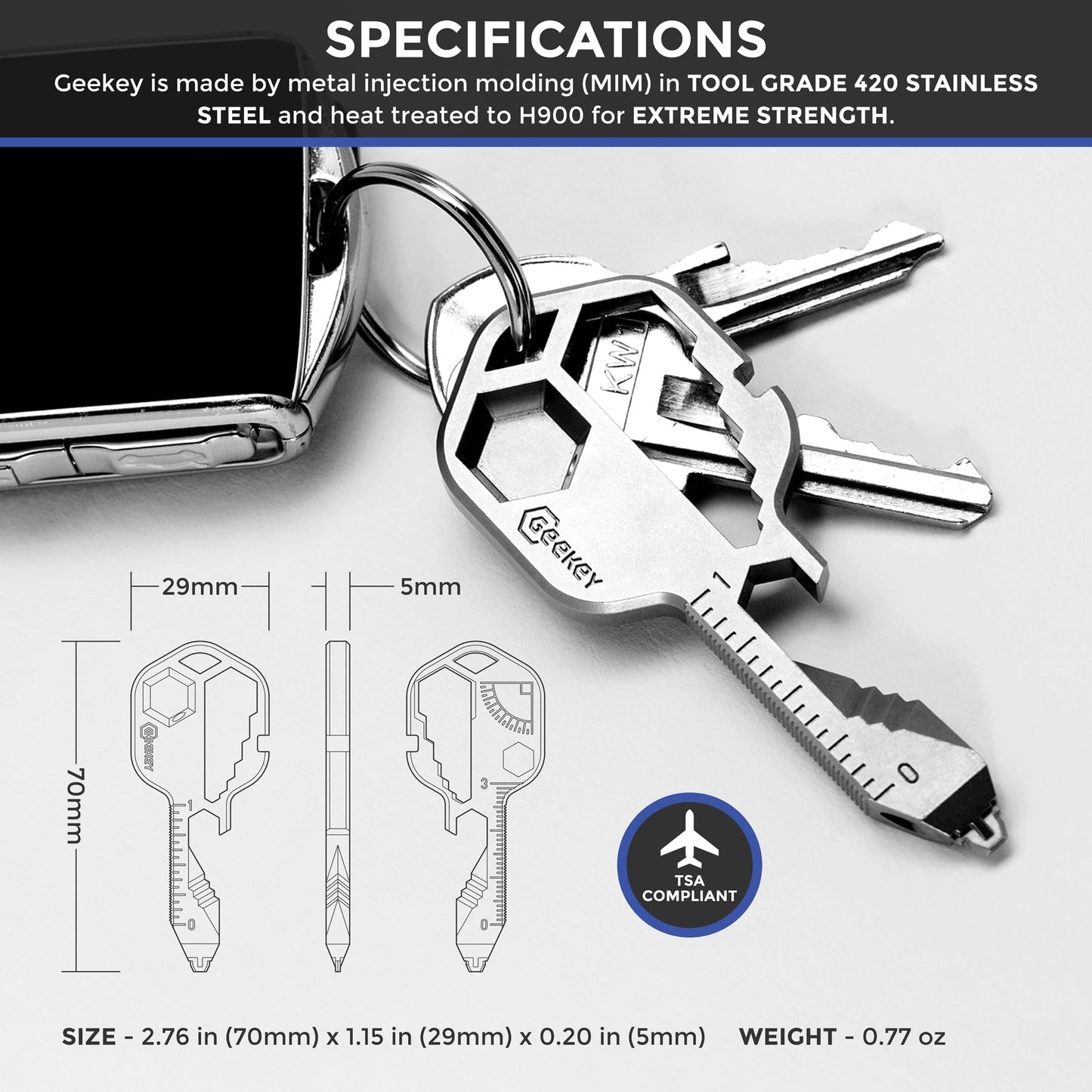 Geekey 16-in-1 Keychain Multitool – EDC Bottle Opener, Screwdriver, Wrench & Box Cutter for Travel, Outdoor & Everyday Use, TSA Safe