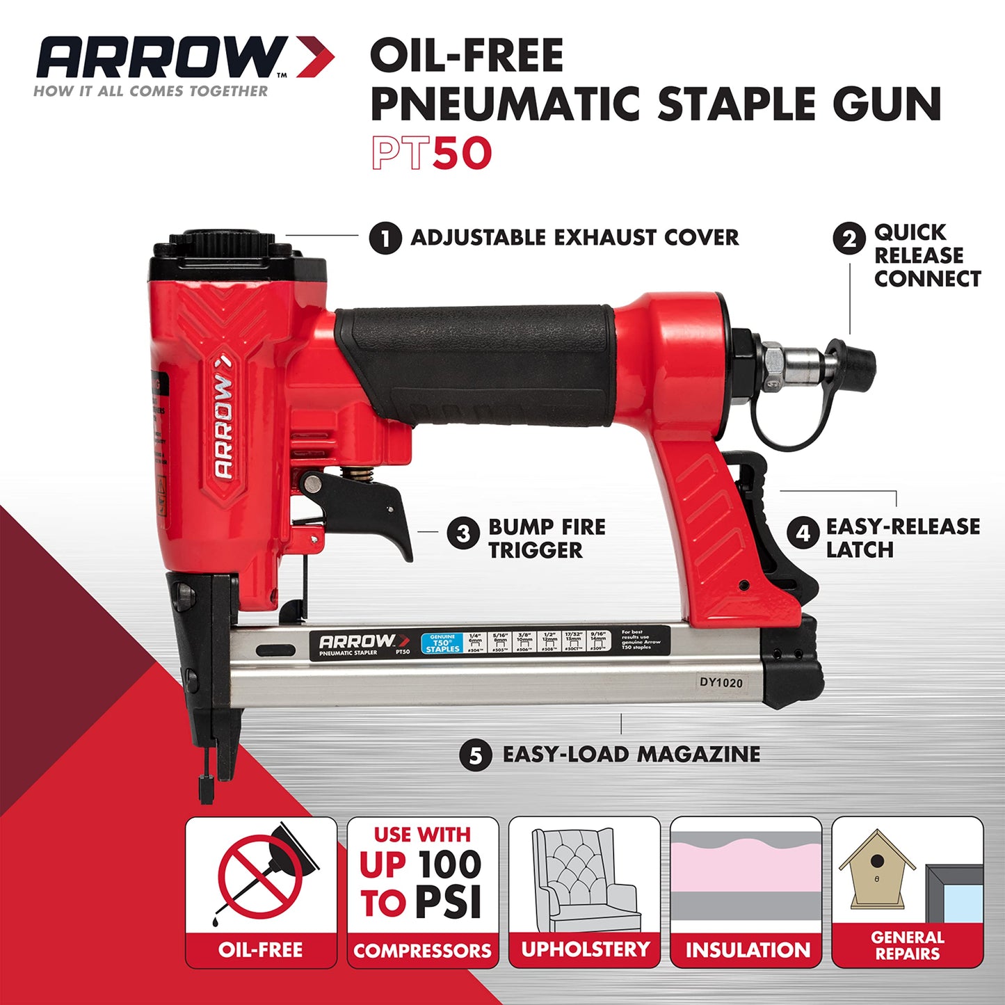 Arrow PT50 Oil-Free Pneumatic Staple Gun, Heavy-Duty Professional Stapler for Wood, Upholstery, Carpet & Fencing, Red